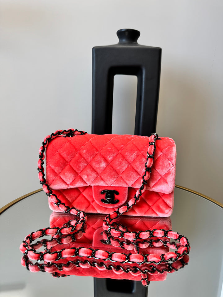 Chanel Coral Classic Single Flap Bag Quilted Velvet Mini