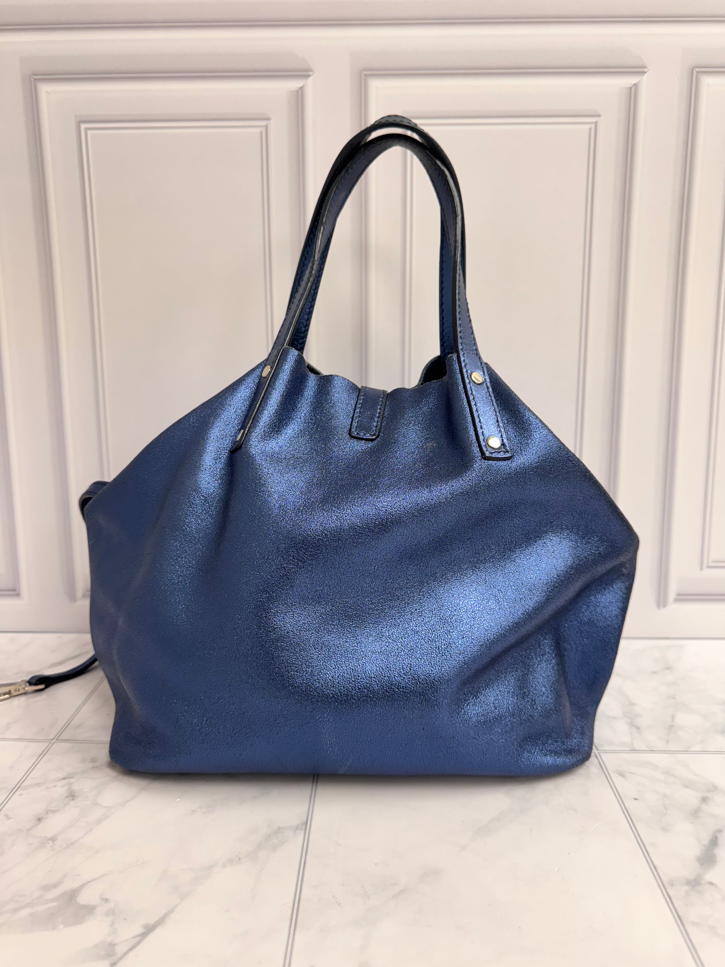 Tiffany & Co. Metallic Blue Leather Reversible Tote Bag