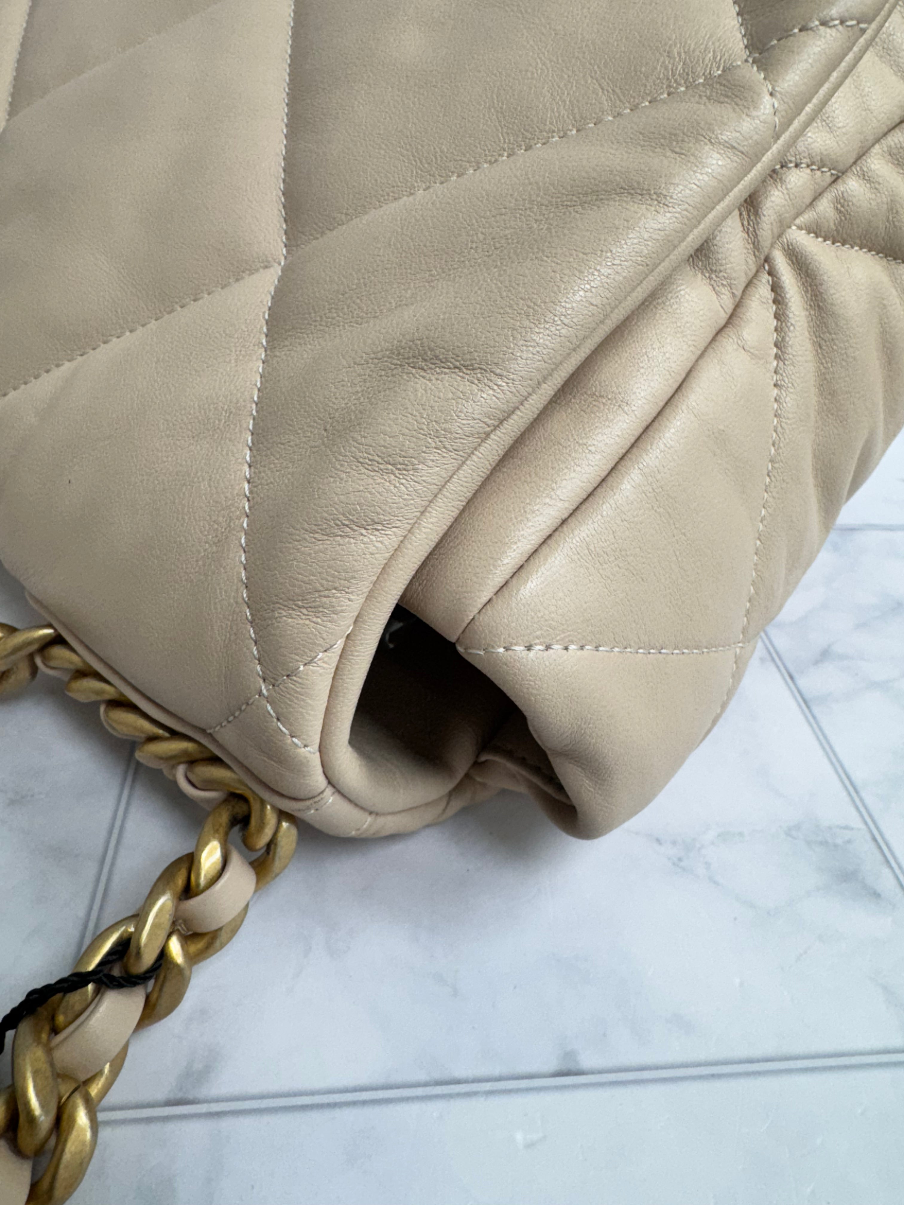 Chanel Beige Diamond Quilted Leather Chanel 19 Maxi Flap Bag