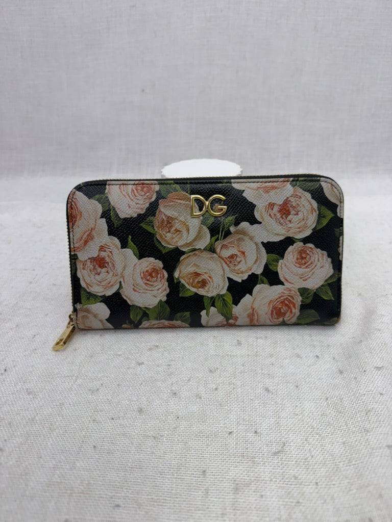 Dolce & Gabbana Black & Floral Print Leather Zippy Wallet