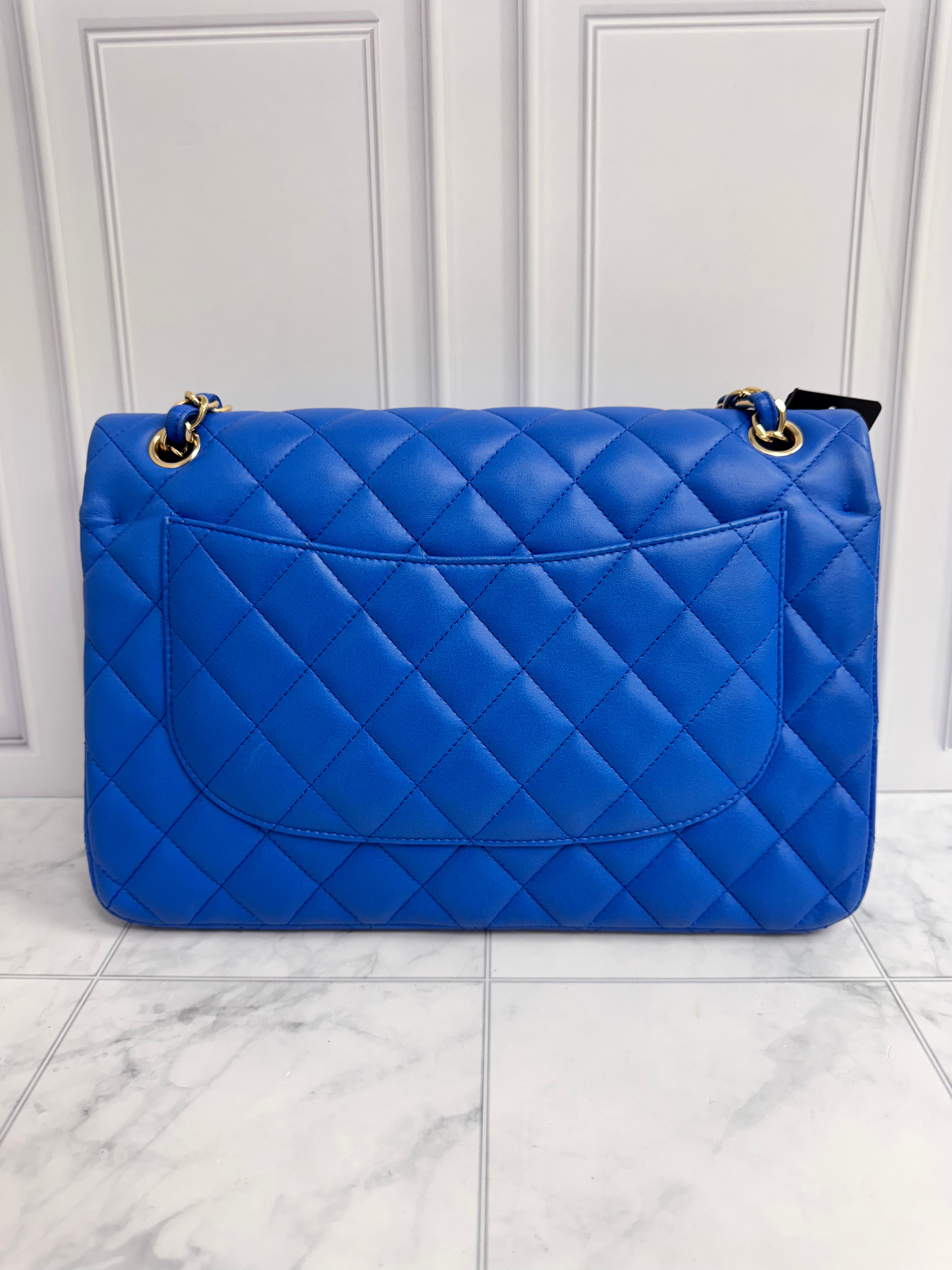 Chanel Blue Diamond Quilted Lambskin Jumbo Double Flap Bag