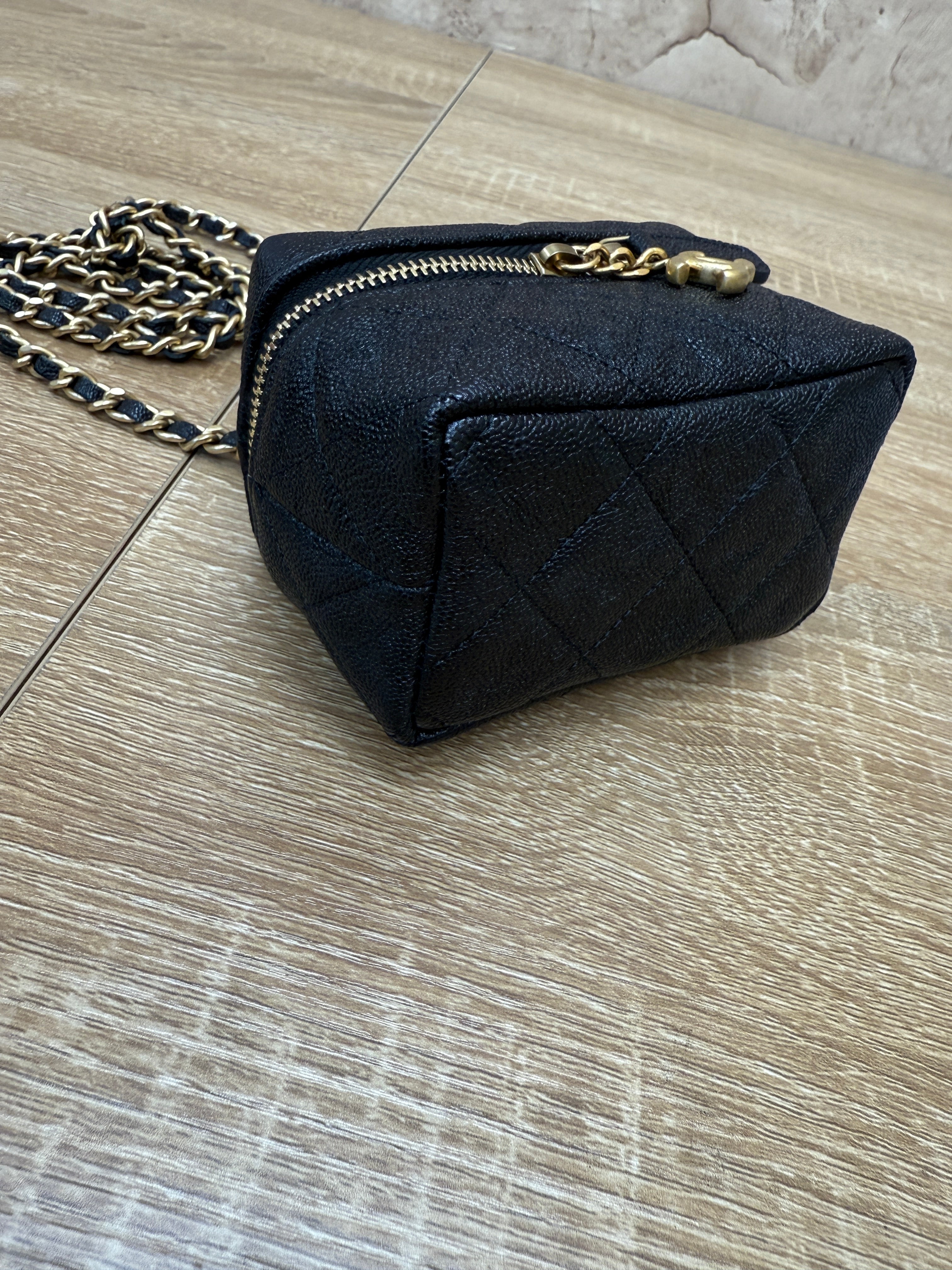 Chanel Black Caviar Quilted Mini Top Handle Vanity With Chain