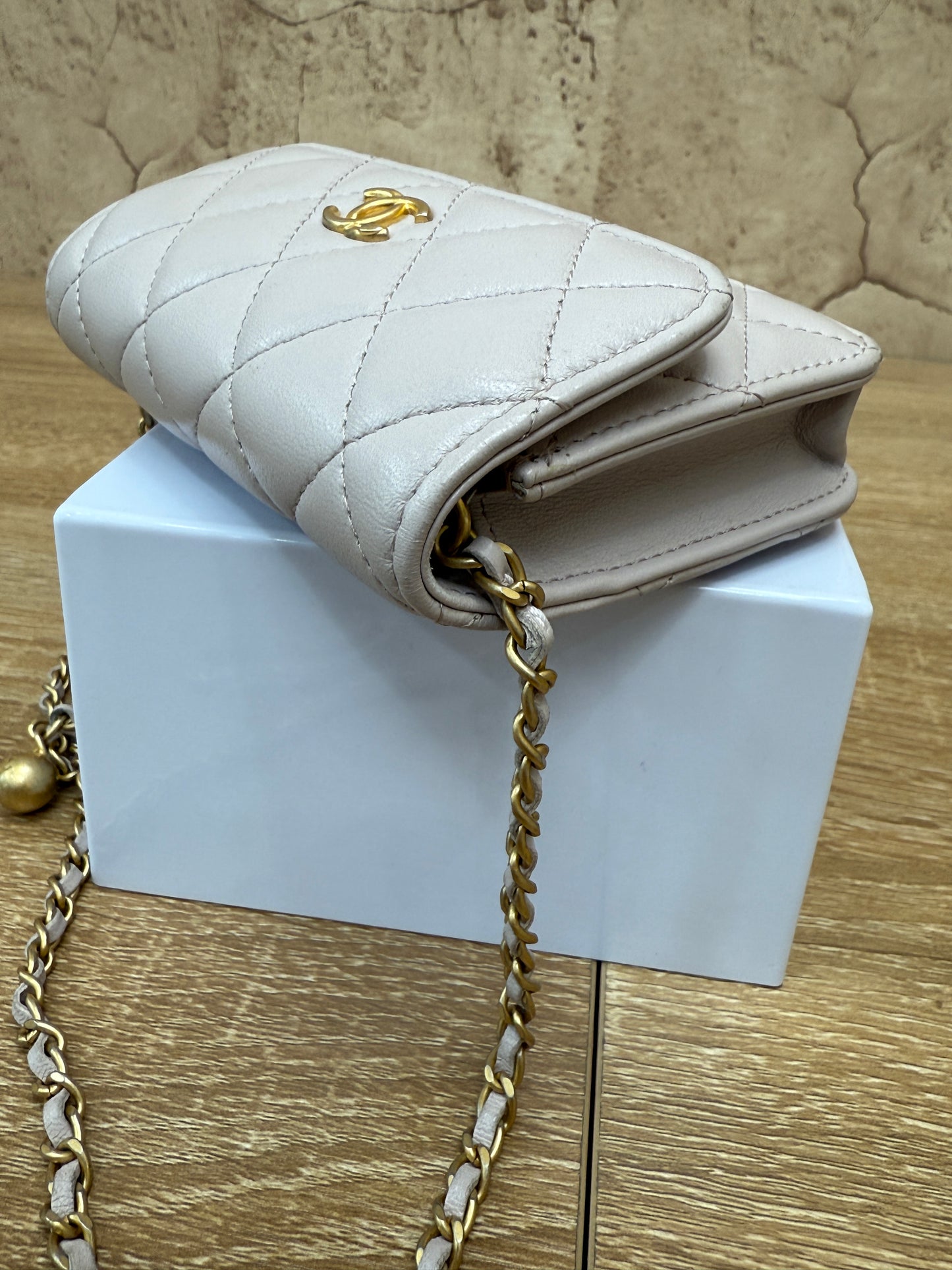 Chanel Taupe Quilted Calfskin Mini Pearl Crush Flap Clutch with Chain