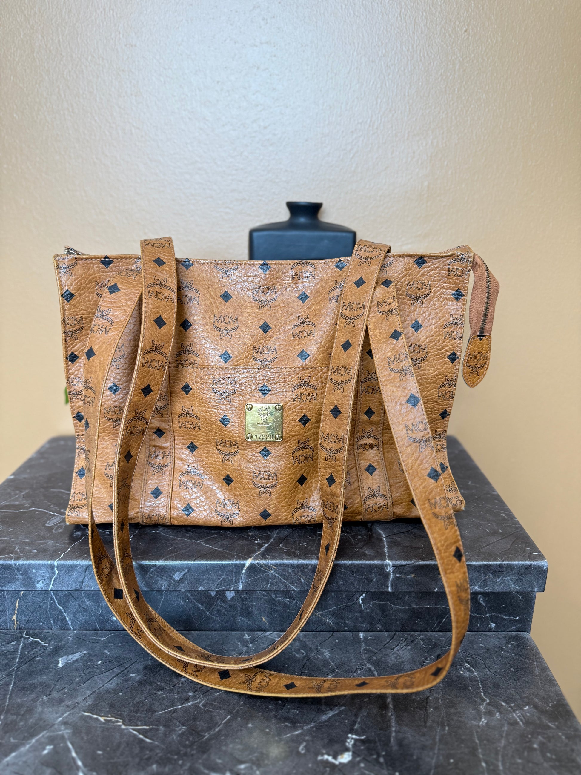 MCM Cognac Leather Visetos Shopper Tote