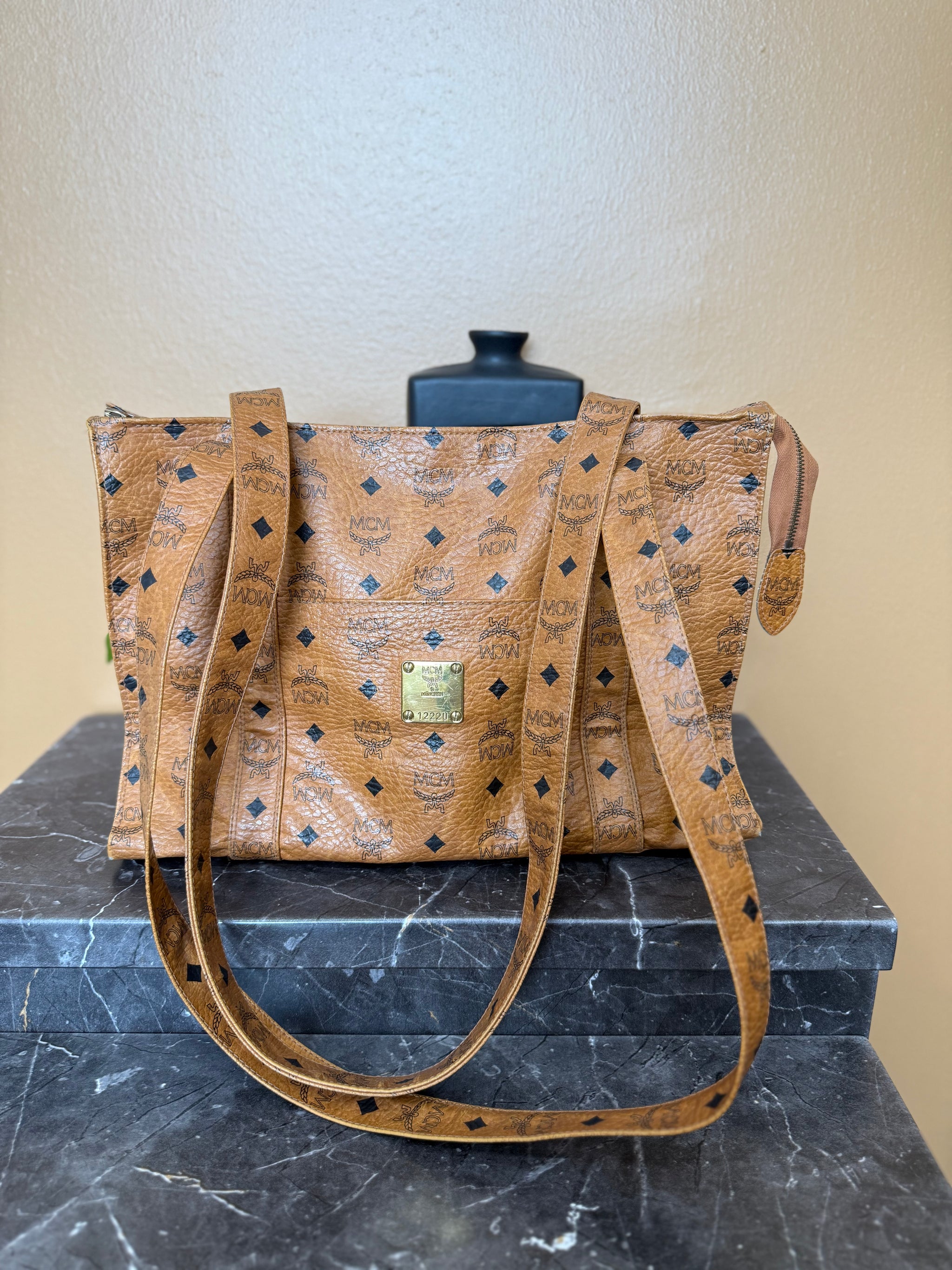 MCM Cognac Leather Visetos Shopper Tote