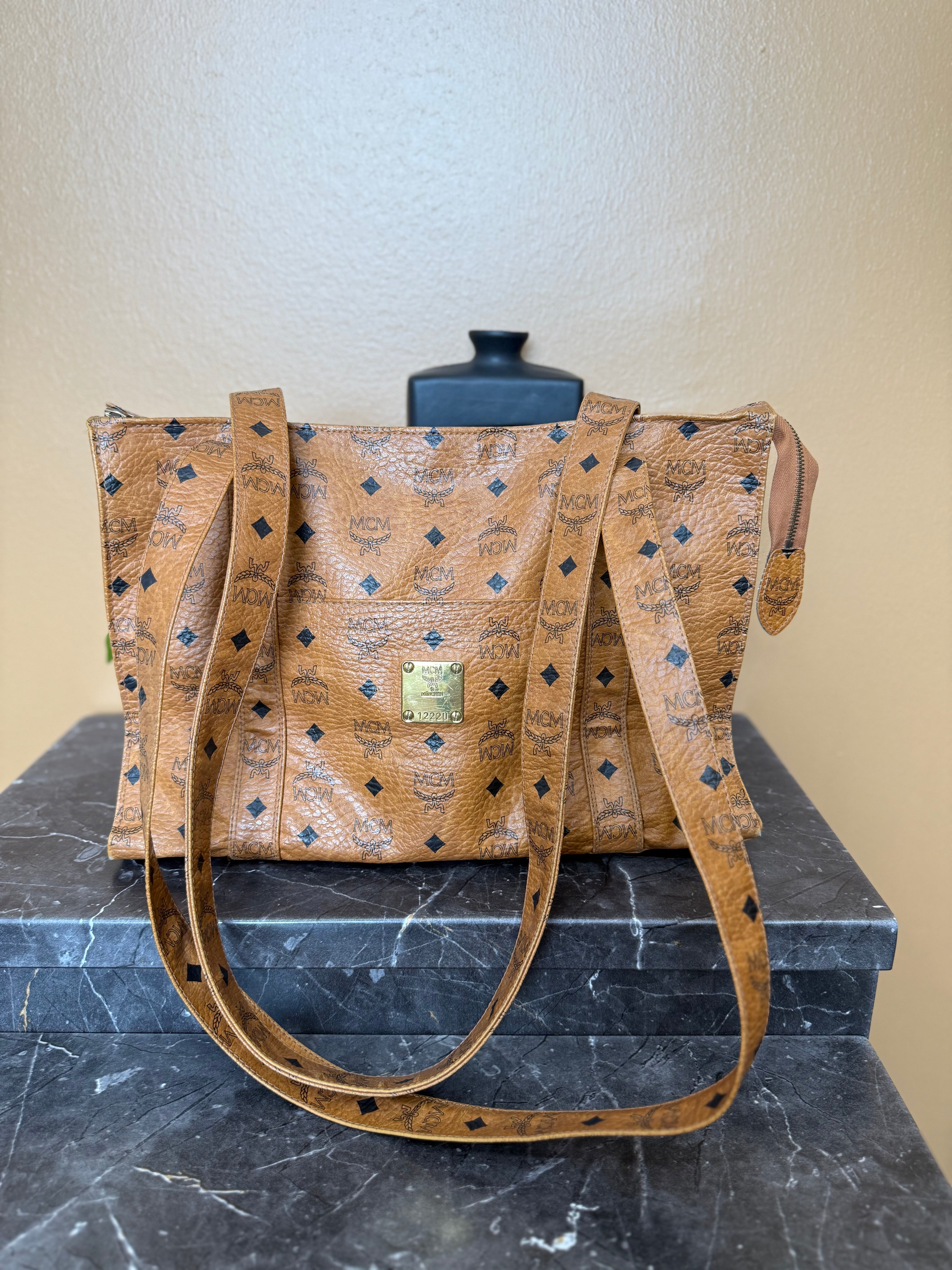 MCM Cognac Leather Visetos Shopper Tote