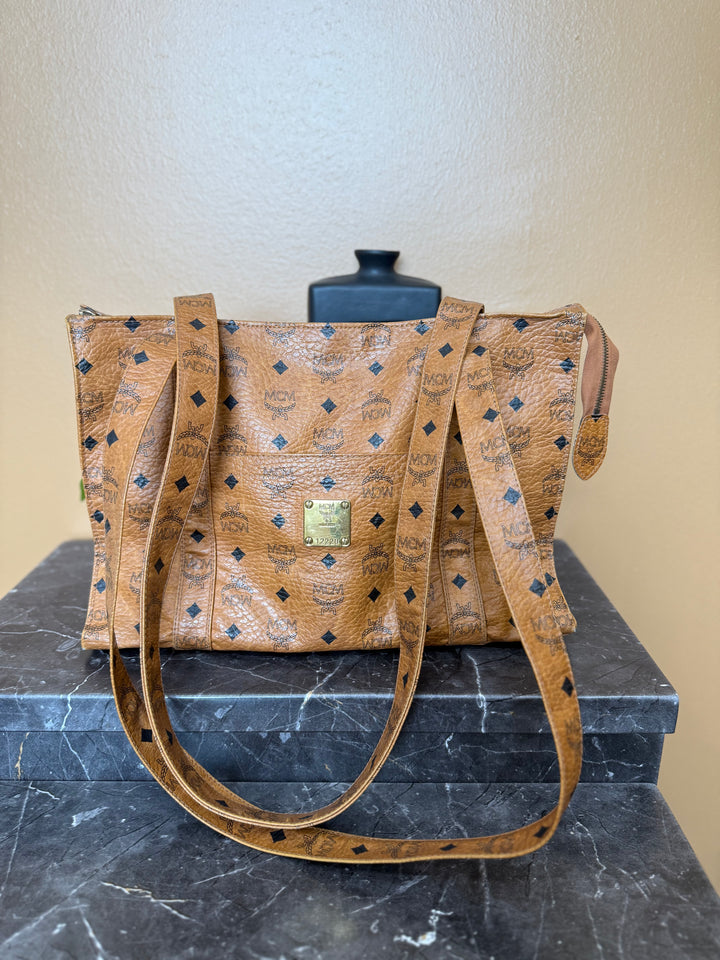 MCM Cognac Leather Visetos Shopper Tote