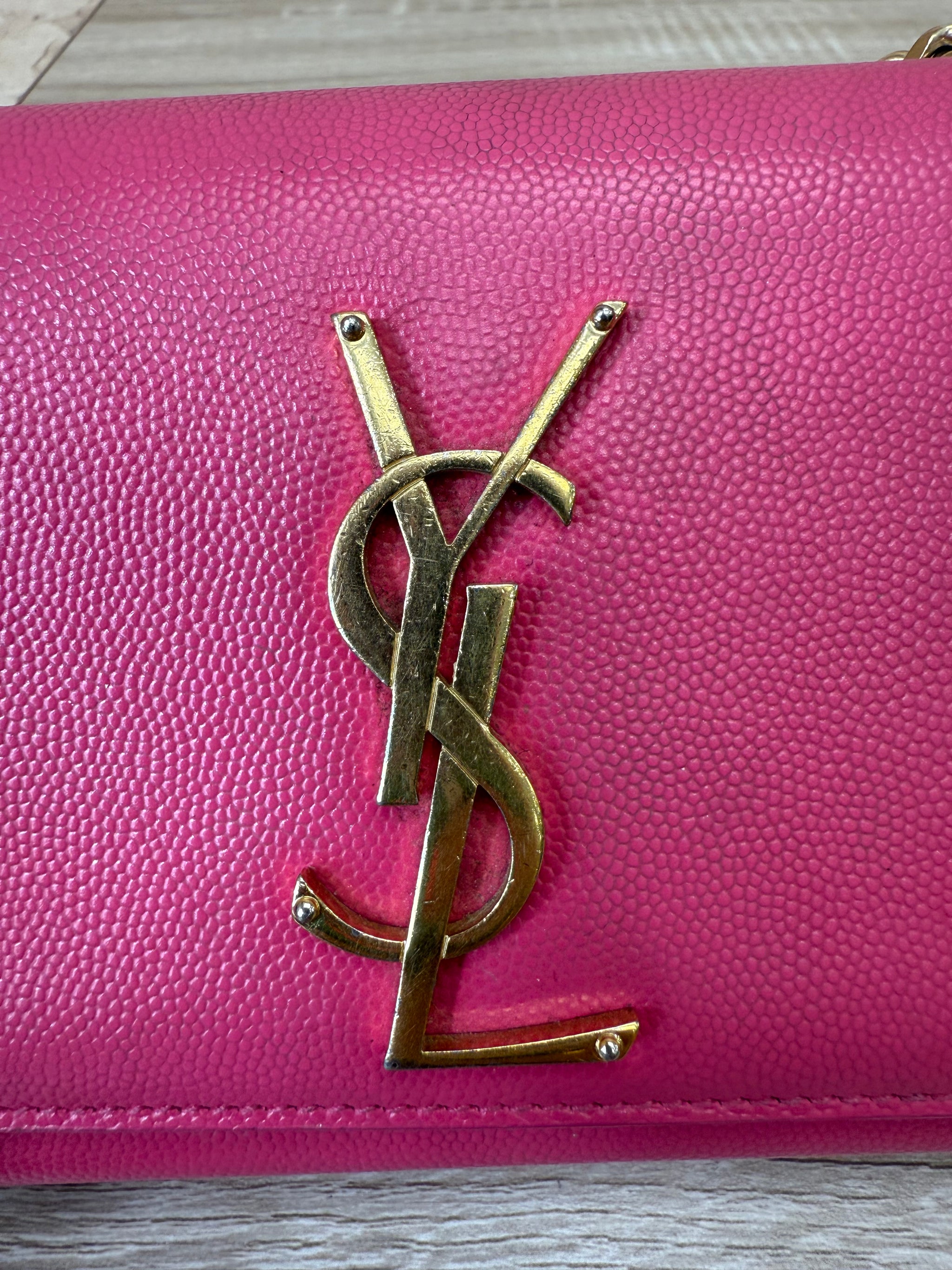 Saint Laurent YSL Hot Pink Pebbled Leather Kate Crossbody Bag