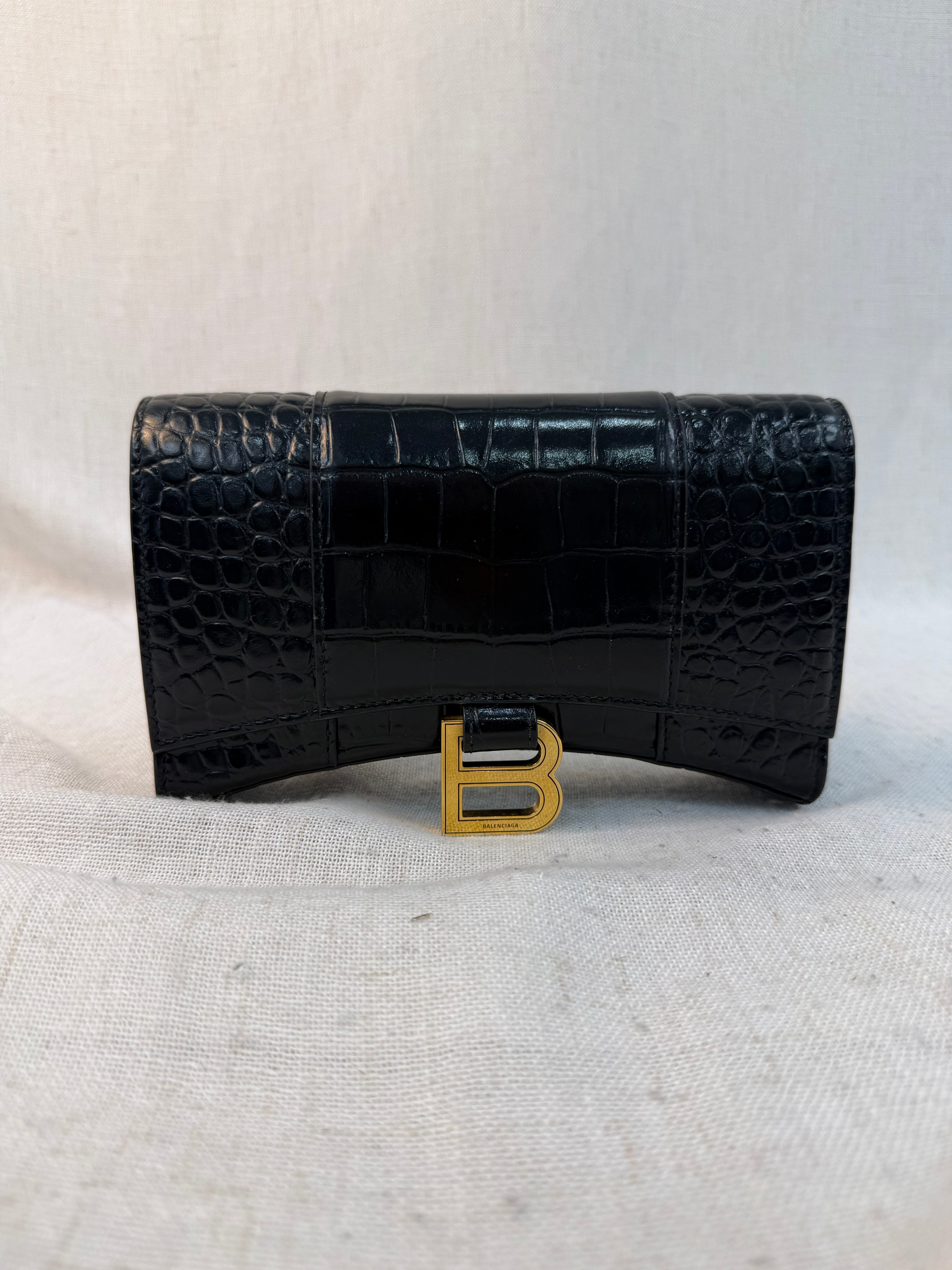 Balenciaga Black Croc Embossed Hourglass Wallet on Chain
