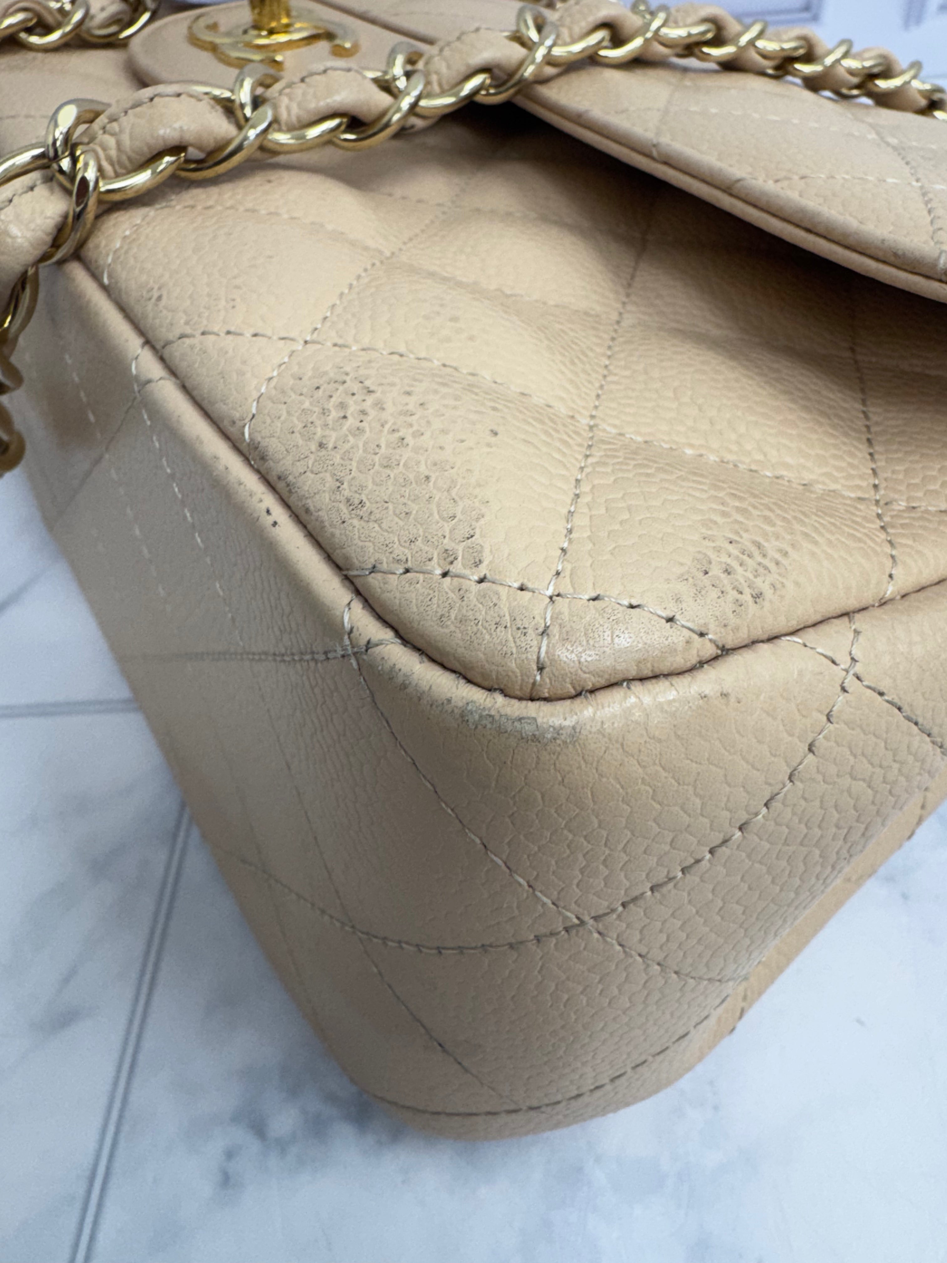 Chanel Beige Quilted Caviar Leather Jumbo Double Flap Bag
