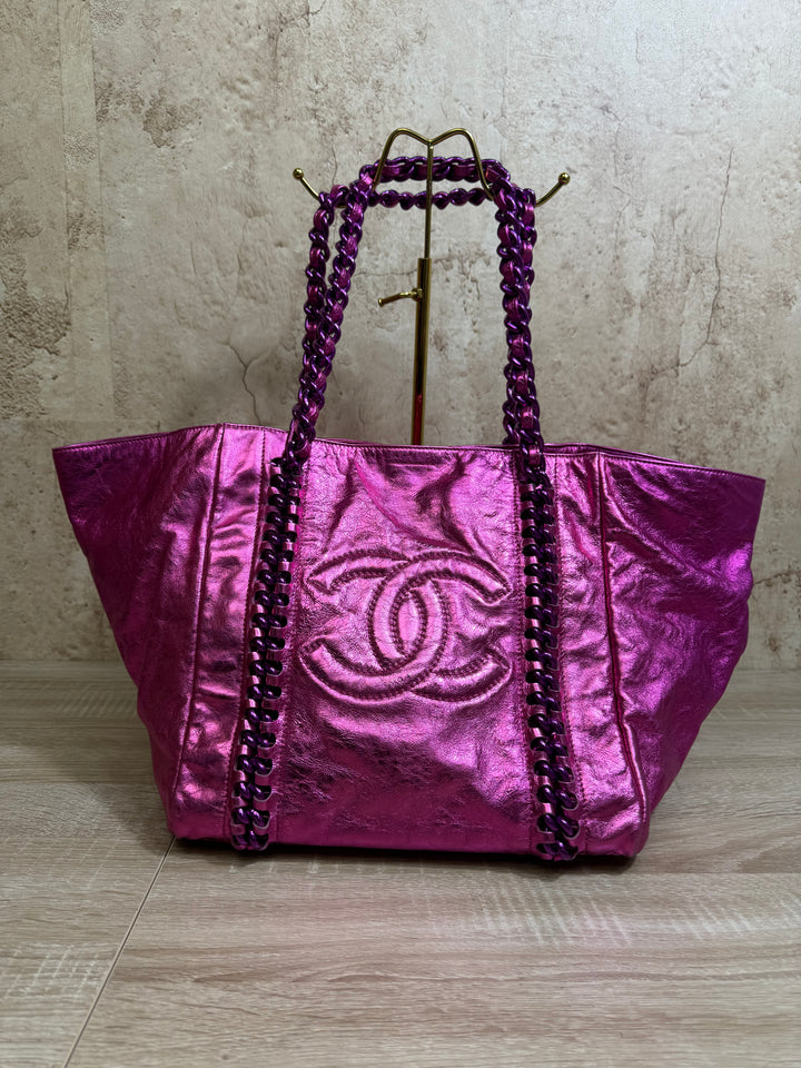 Chanel Metallic Pink Cracked Calfskin Leather Modern Chain Tote