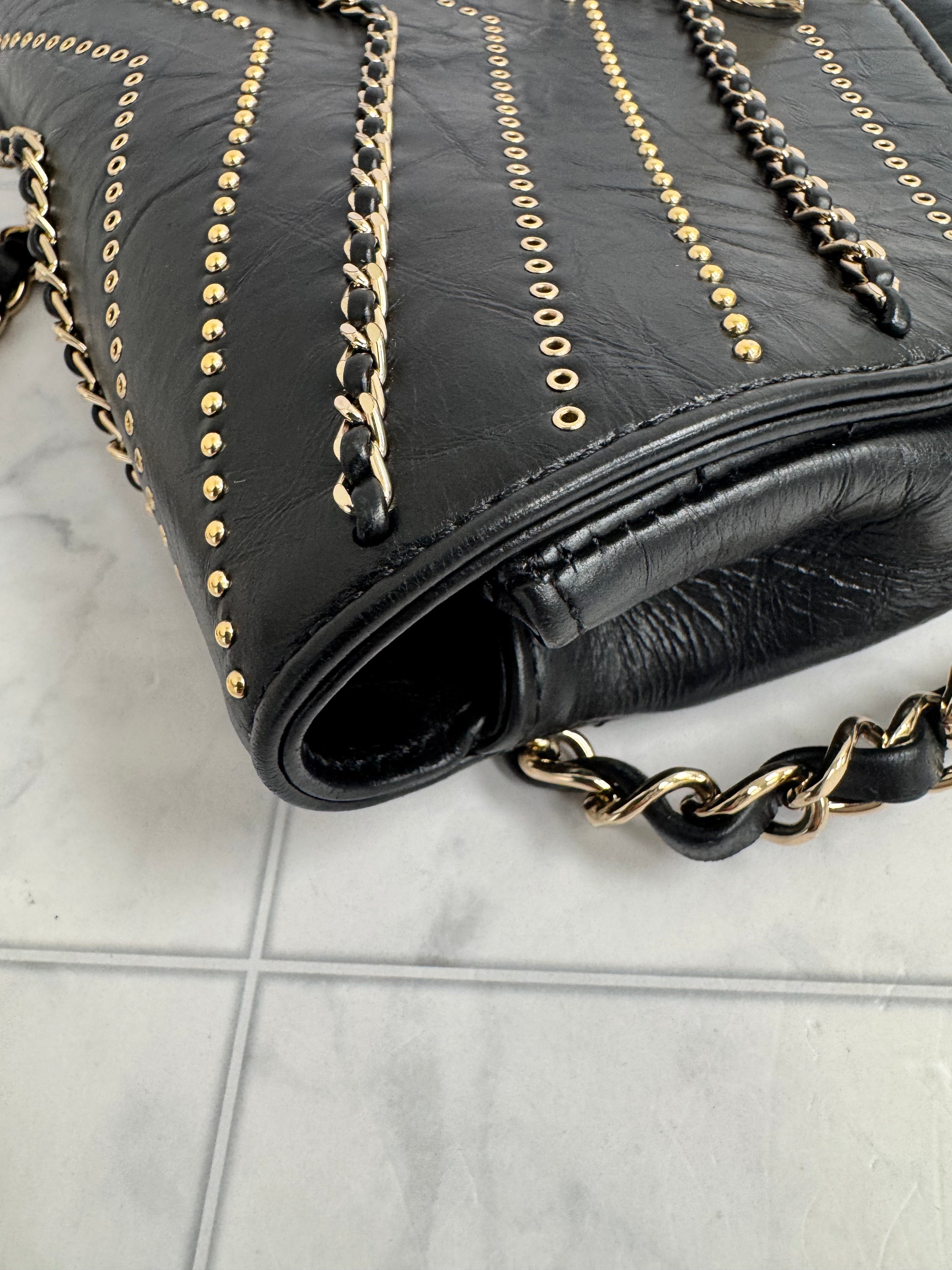 Chanel Black Chevron Studded Quilted Leather Chain Flap Crossbody Bag