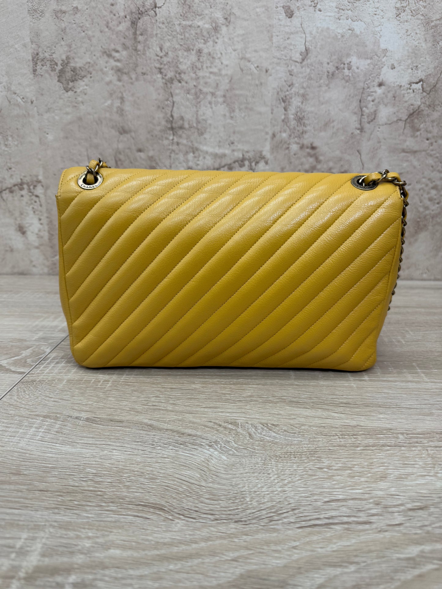 Chanel Yellow Calfskin Diagonal Stitch Large Single Flap