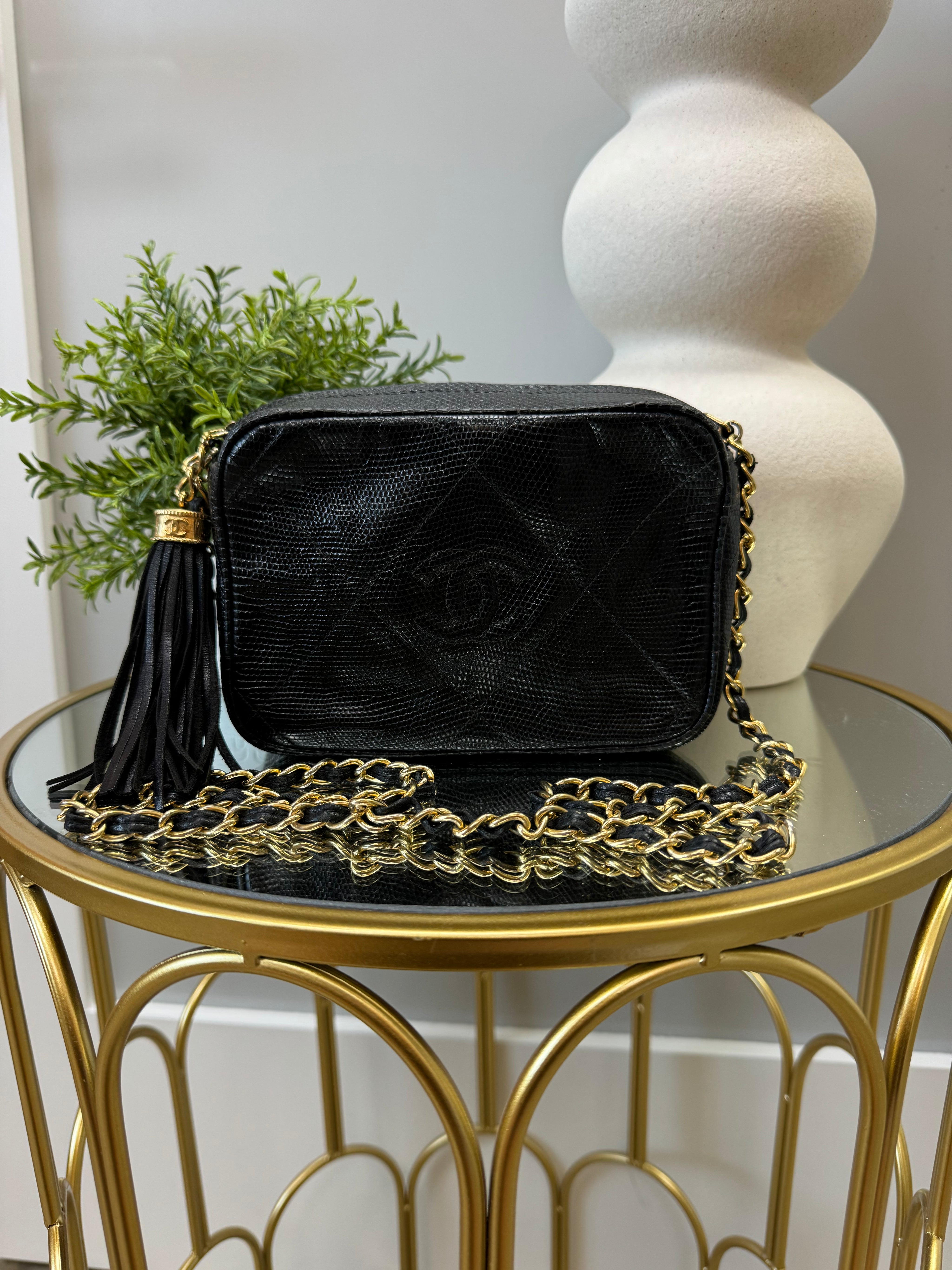 Chanel Black Lizard Camera Crossbody Bag