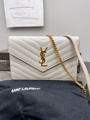 *DONS DROP* Saint Laurent YSL White Grained Leather Cassandre Envelope Wallet On A Chain
