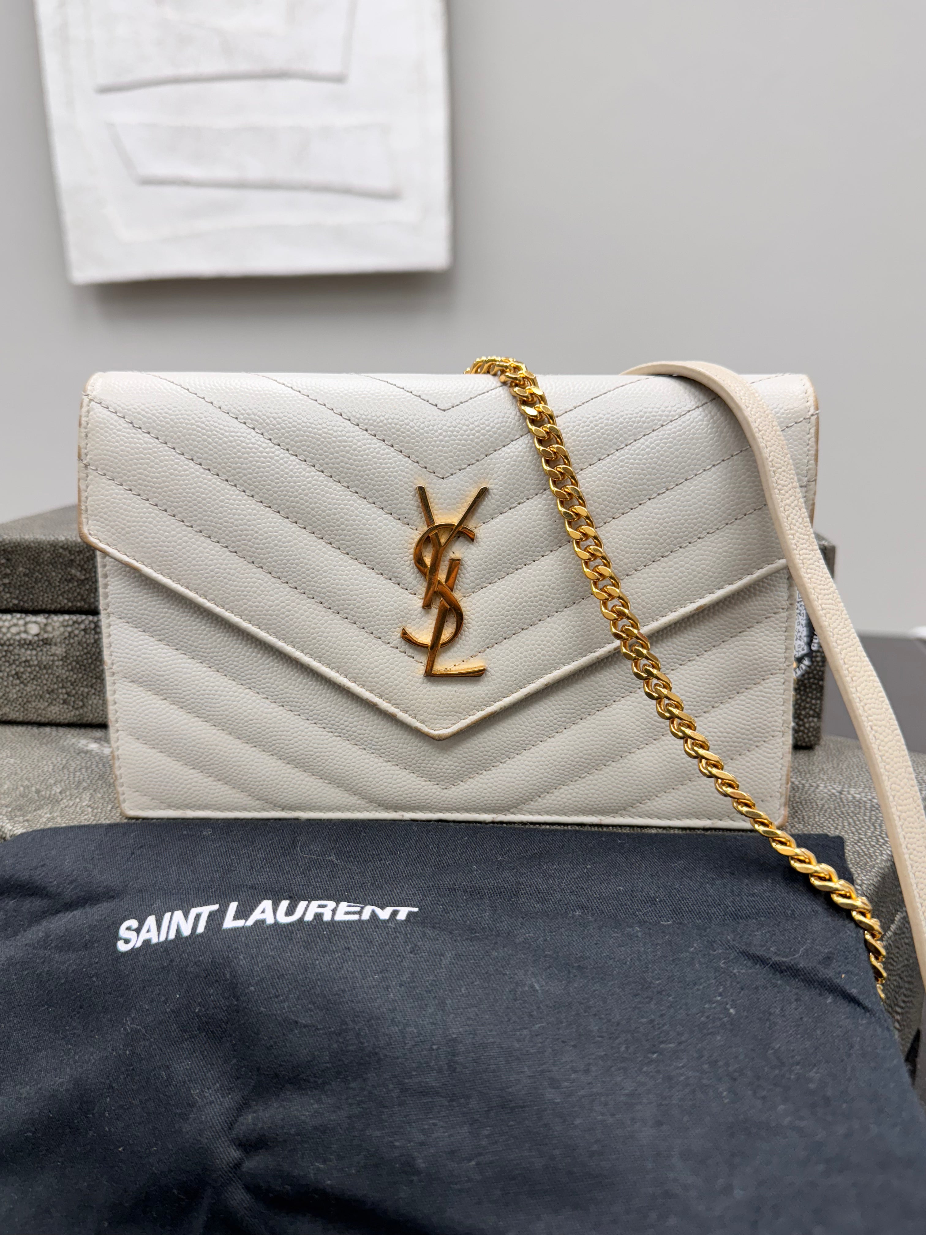 *DONS DROP* Saint Laurent YSL White Grained Leather Cassandre Envelope Wallet On A Chain