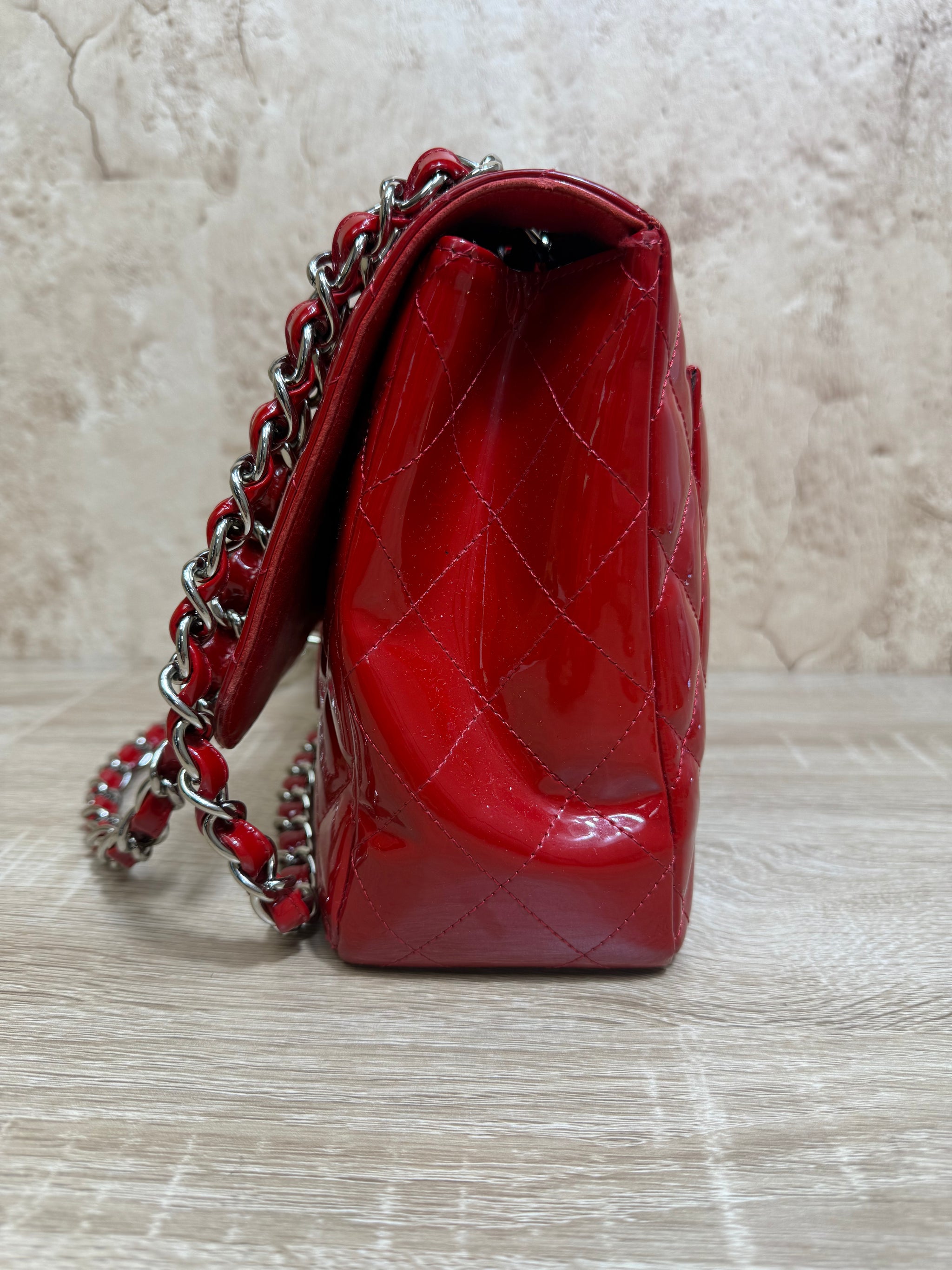 Chanel Red Patent Leather Jumbo Classic Flap