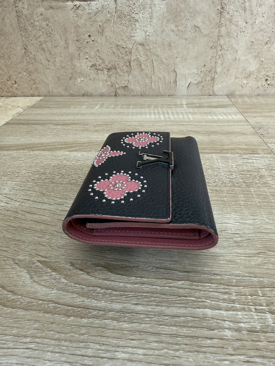 Louis Vuitton Black Leather Capucines Floral Compact Wallet