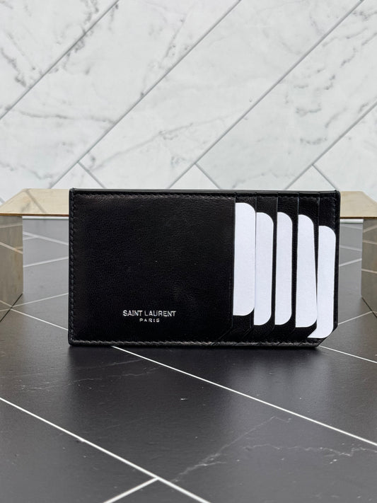 BRAND NEW YSL Black & Silver Flat Leather Card Holder