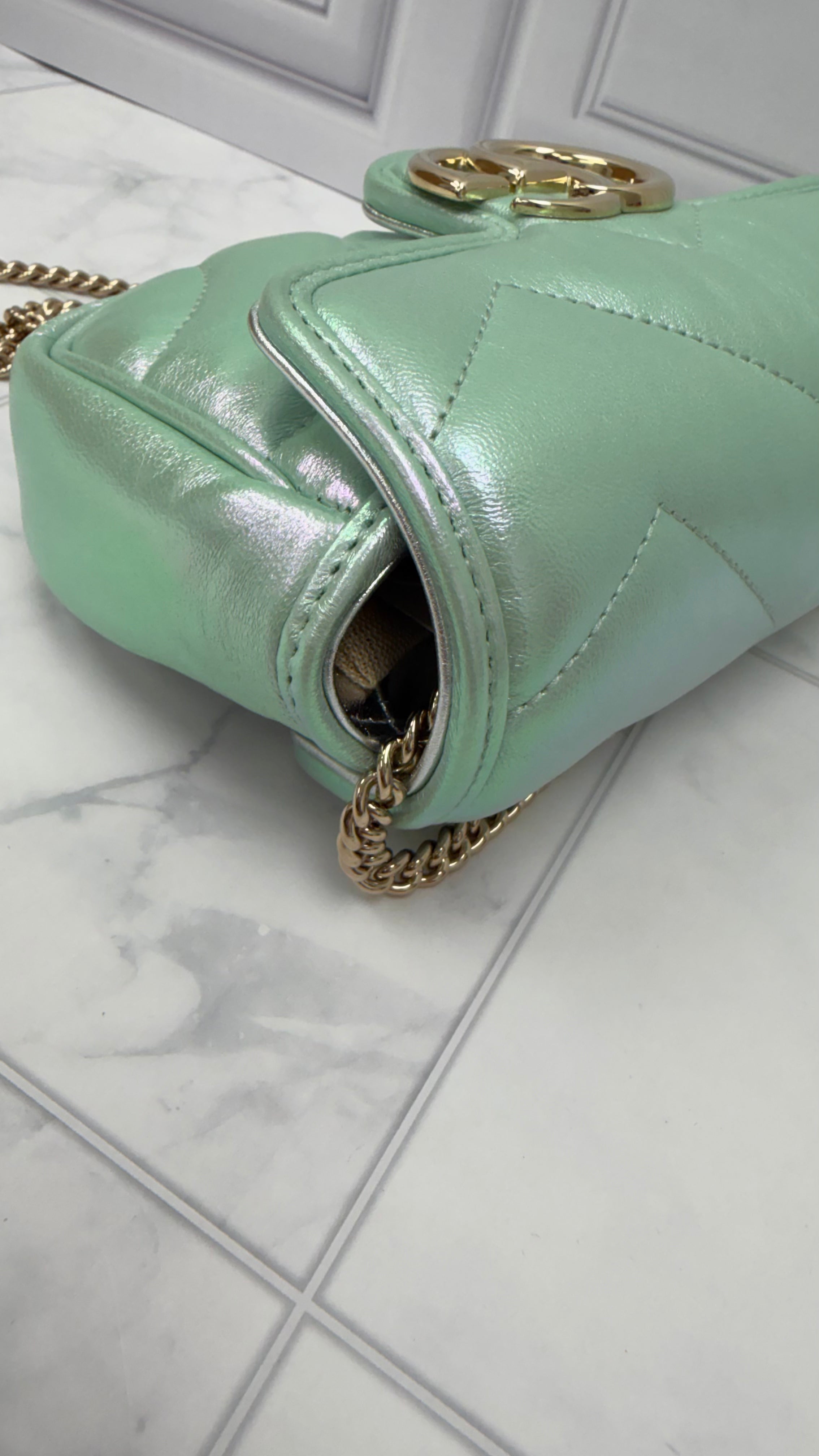 *DONS DROP* Gucci Iridescent Green Nappa Leather Super Mini Marmont Flap Bag