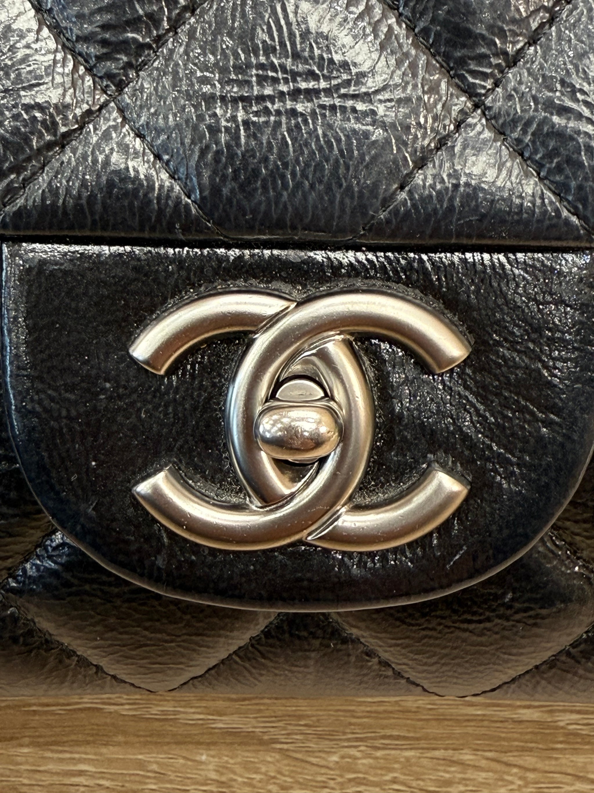 Chanel Large Black Glazed Quilted Goatskin Classic Single Flap Bag