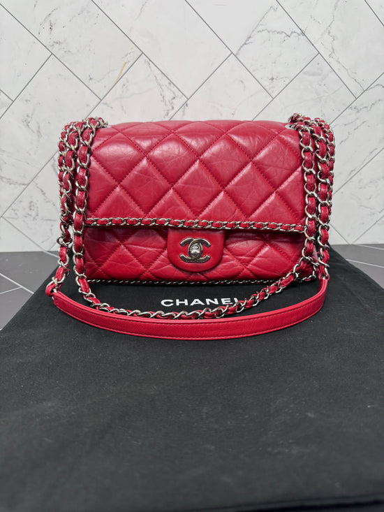 Chanel Red Crinkle Leather Running Chain Medium Single Flap