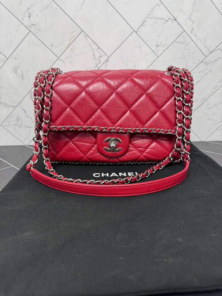 Chanel Red Crinkle Leather Running Chain Medium Single Flap