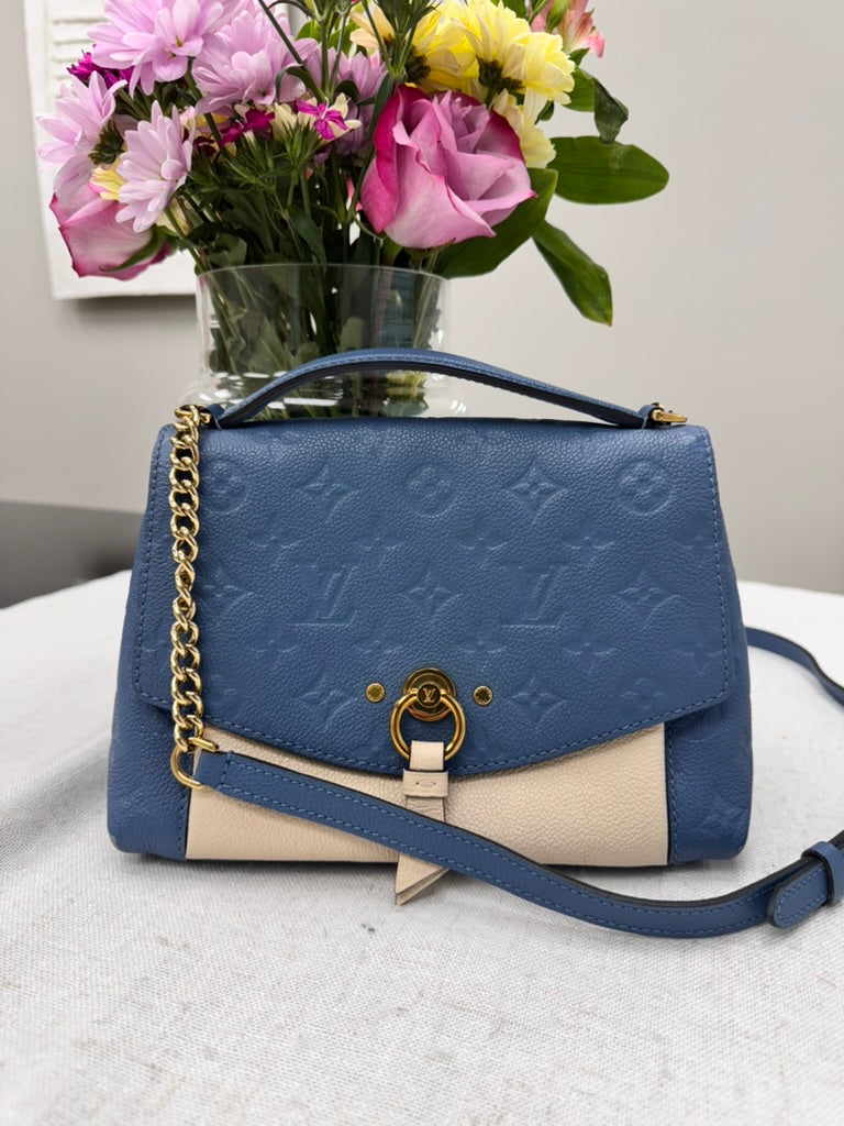 *DONS DROP* Louis Vuitton Denim Blue and Cream Monogram Empreinte Leather Blanche BB Shoulder Bag