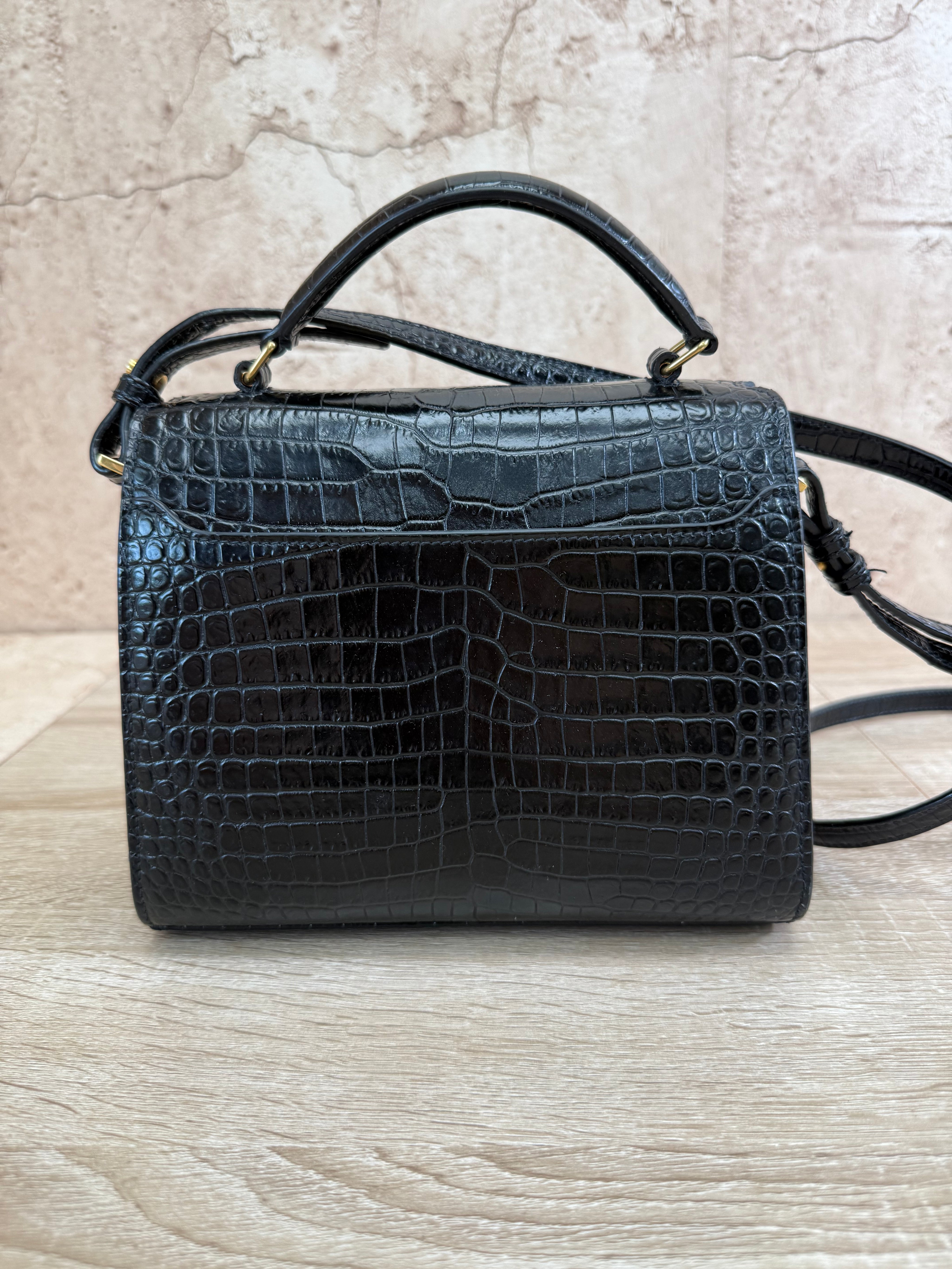 Saint Laurent YSL Black Crocodile Embossed Leather Cassandra Mini Top Handle Bag
