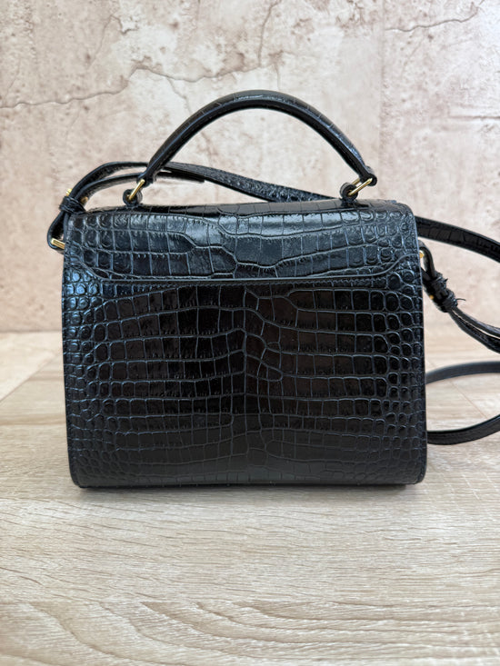 Saint Laurent YSL Black Crocodile Embossed Leather Cassandra Mini Top Handle Bag