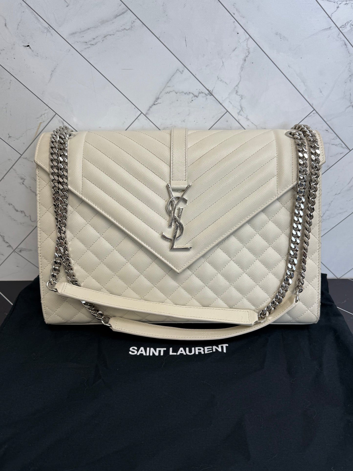 Saint Laurent YSL White Pebbled Leather Triquilt Envelope Bag