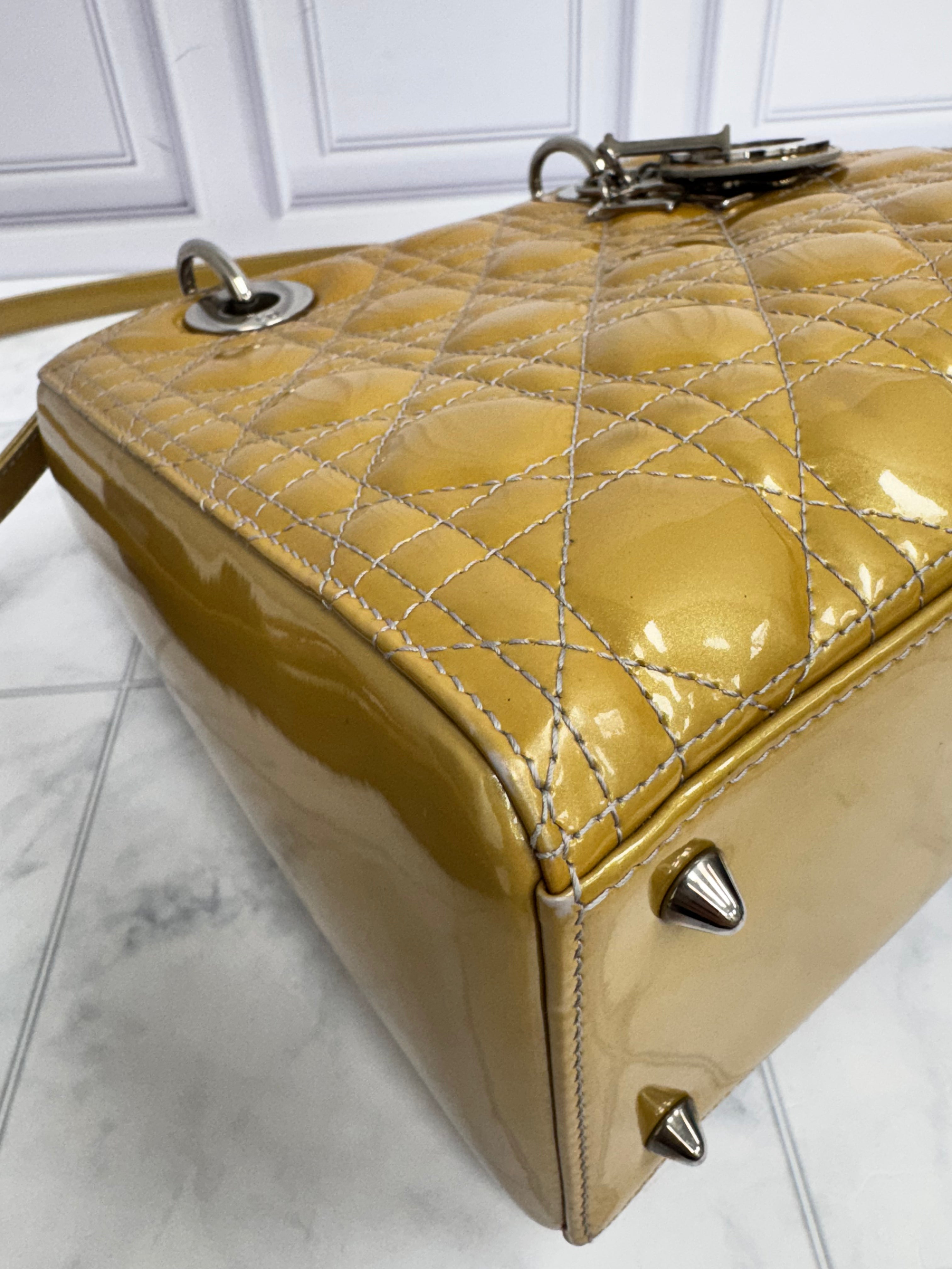 Christian Dior Yellow Cannage Patent Leather Medium Lady Dior