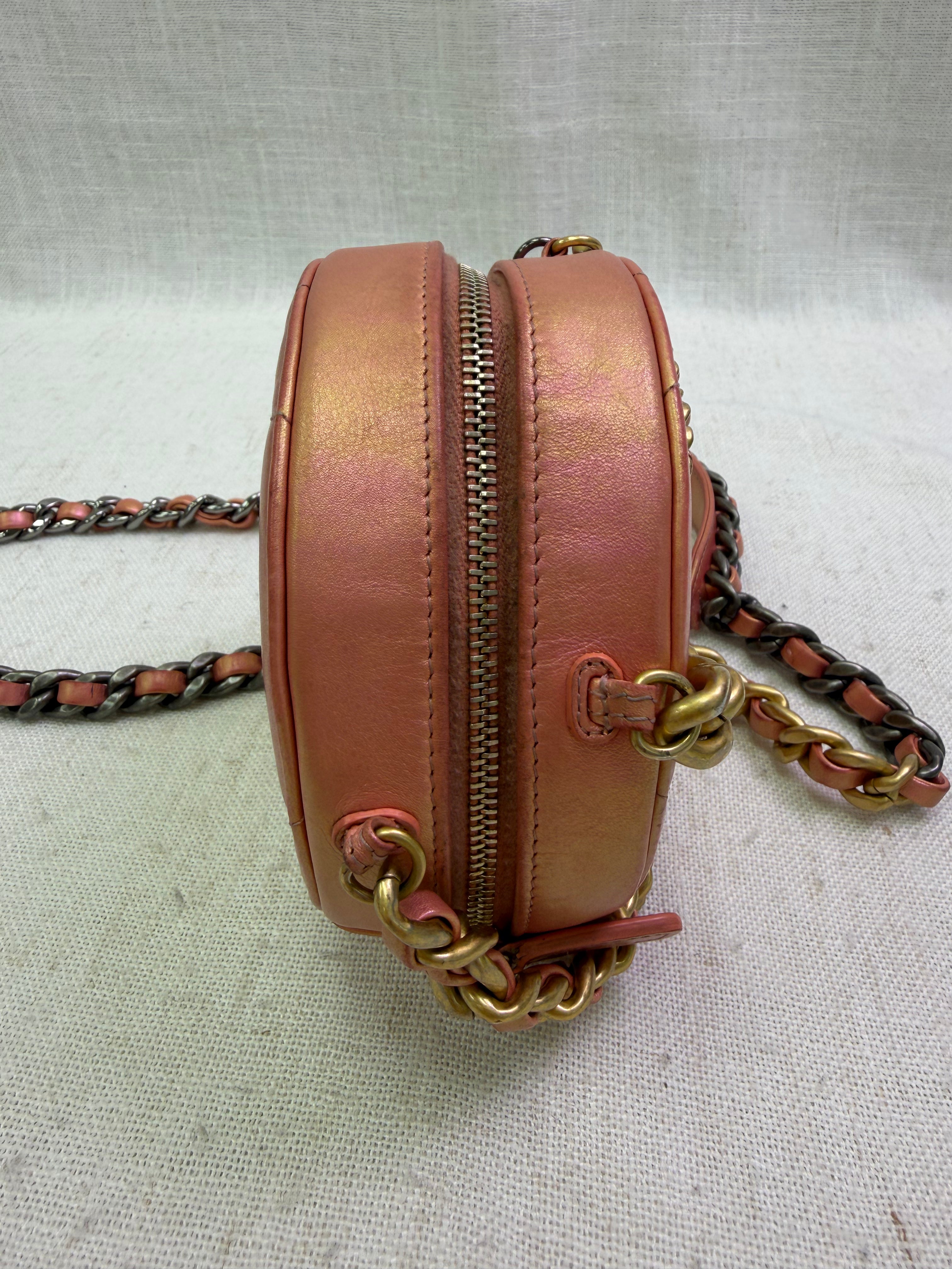 Chanel Pink Iridescent Chanel 19 Round Clutch on a Chain