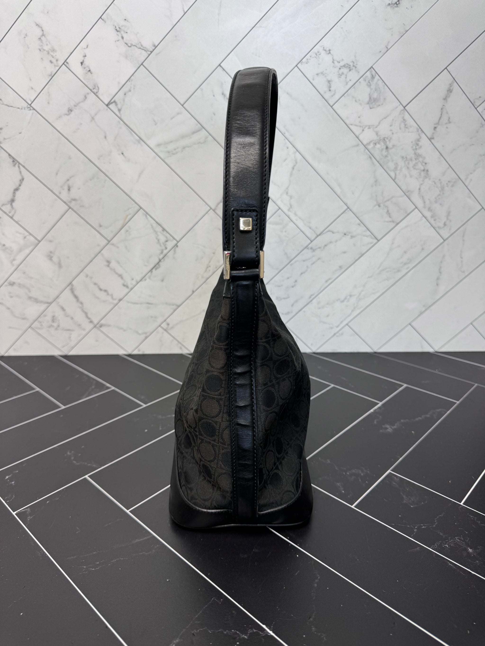 Ferragamo Black Canvas & Leather Hobo Shoulder Bag