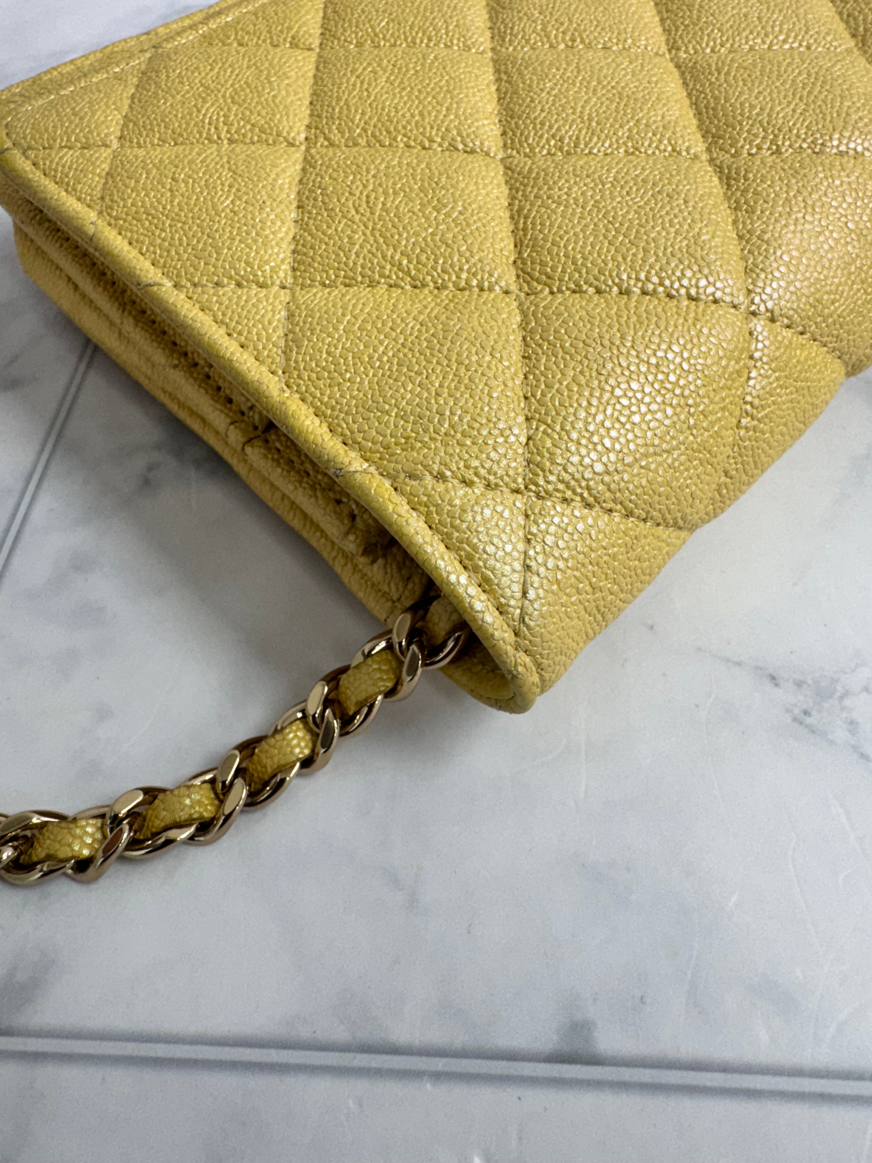 Chanel Iridescent Yellow Quilted Caviar Leather Wallet On A Chain