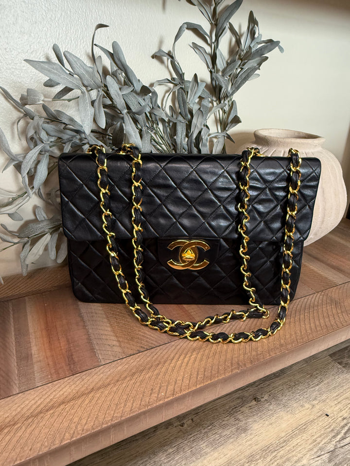 Chanel Vintage 24k Gold Black Lambskin Quilted Square Jumbo Single Flap Bag