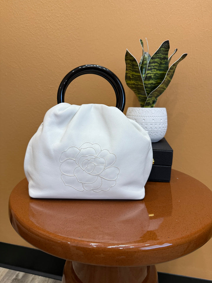 Chanel White Camellia Lambskin Hand Bag