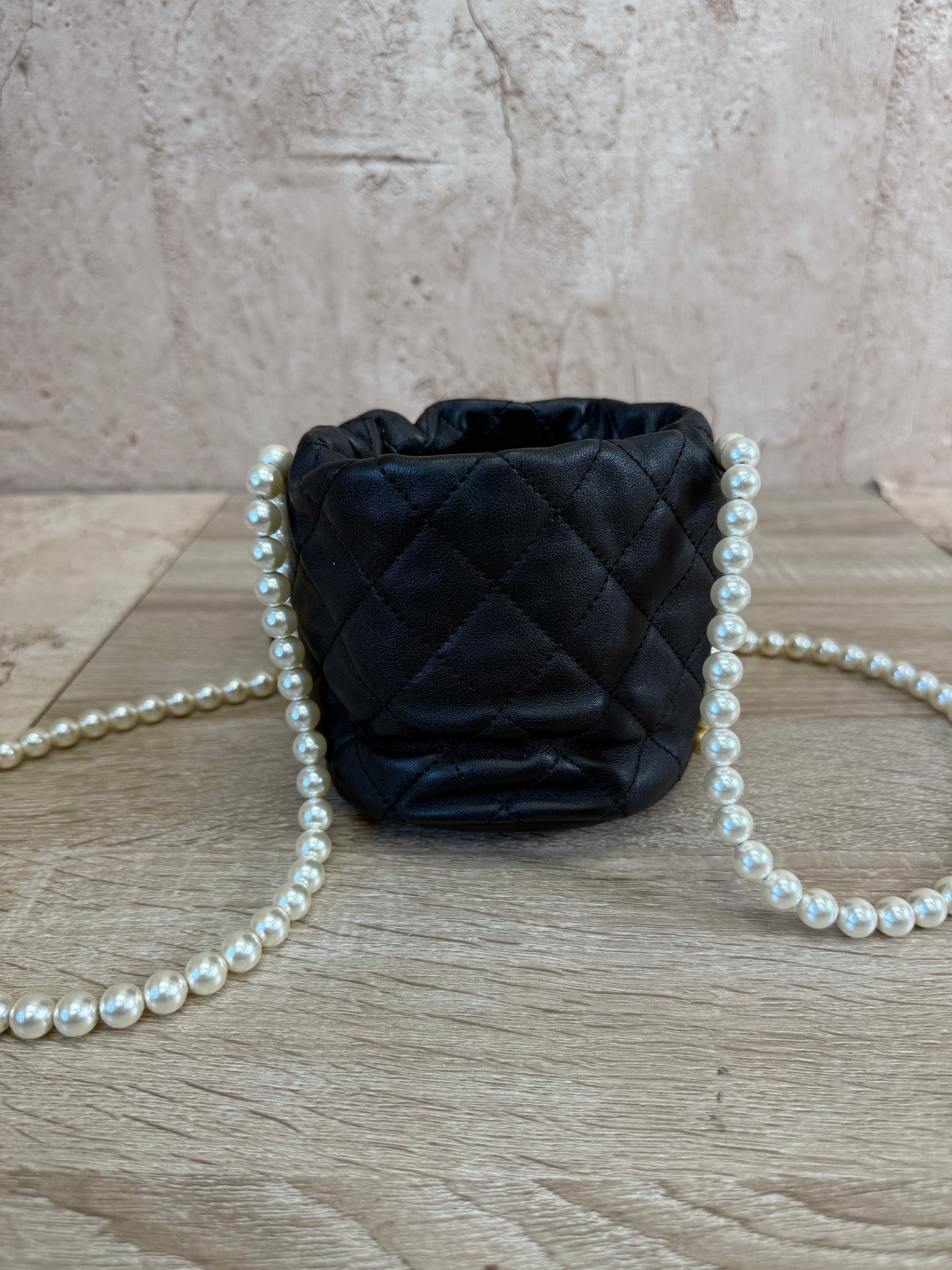 Chanel Black Leather Mini About Pearls Bucket Bag