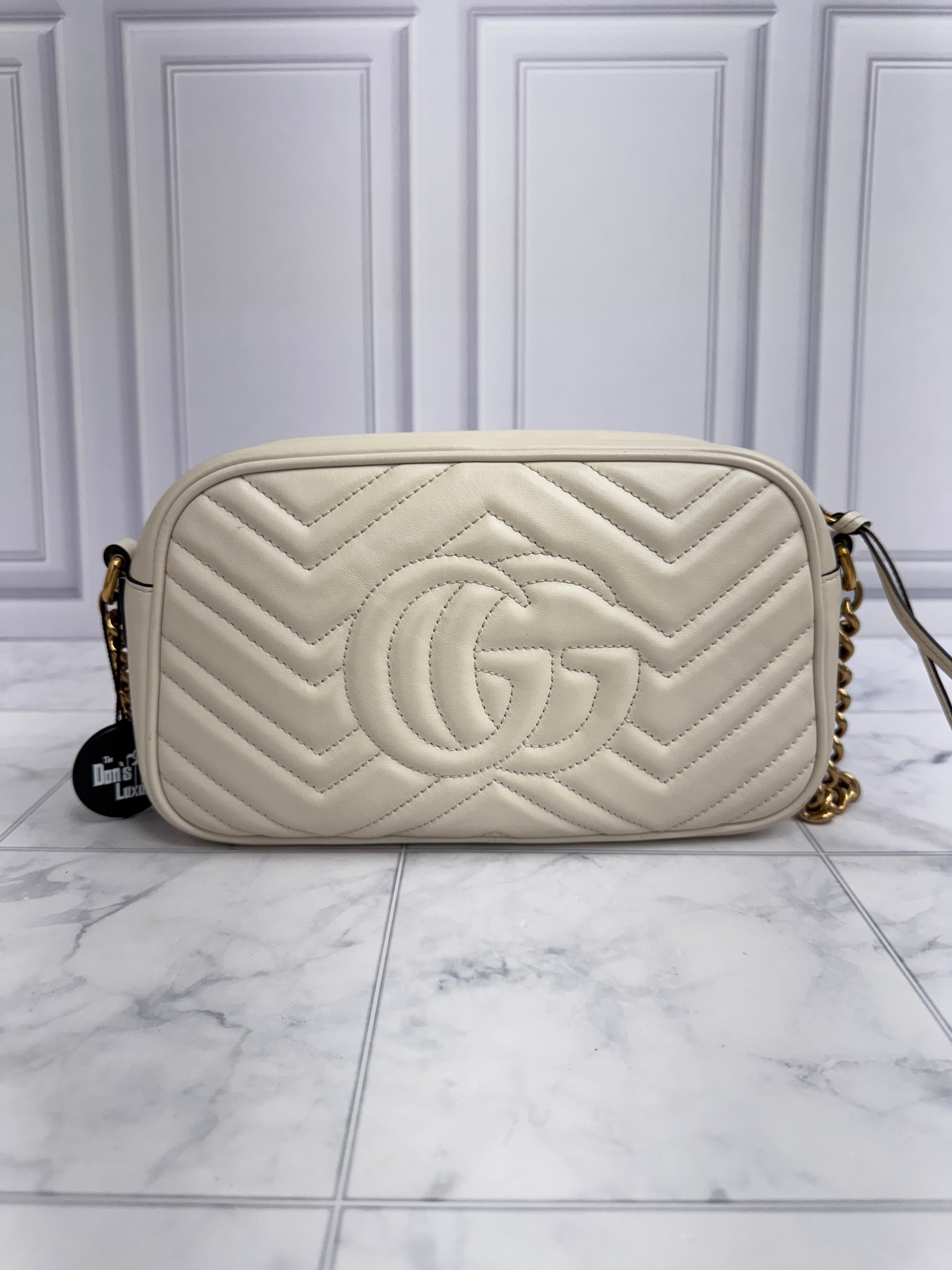 Gucci Cream Chevron Quilted Leather GG Marmont Small Camera Bag