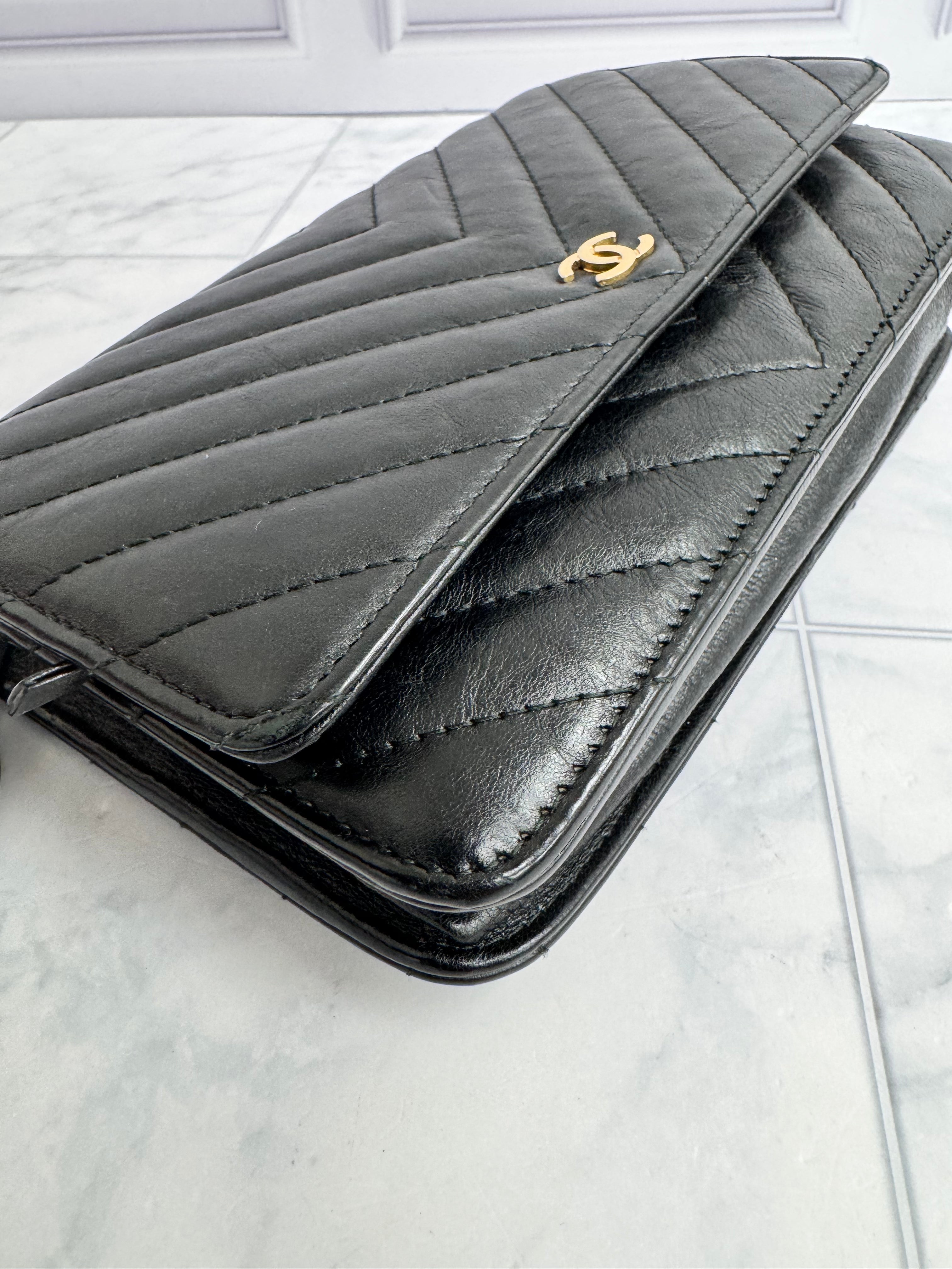 Chanel Black Chevron Quilted Wallet On A Chain