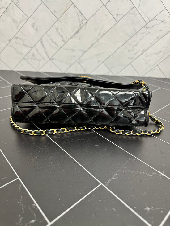 Chanel Vintage Black Quilted Patent Leather Shoulder Chain Bag