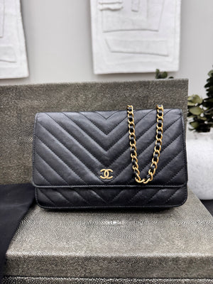 Chanel Black Chevron Quilted Wallet On A Chain