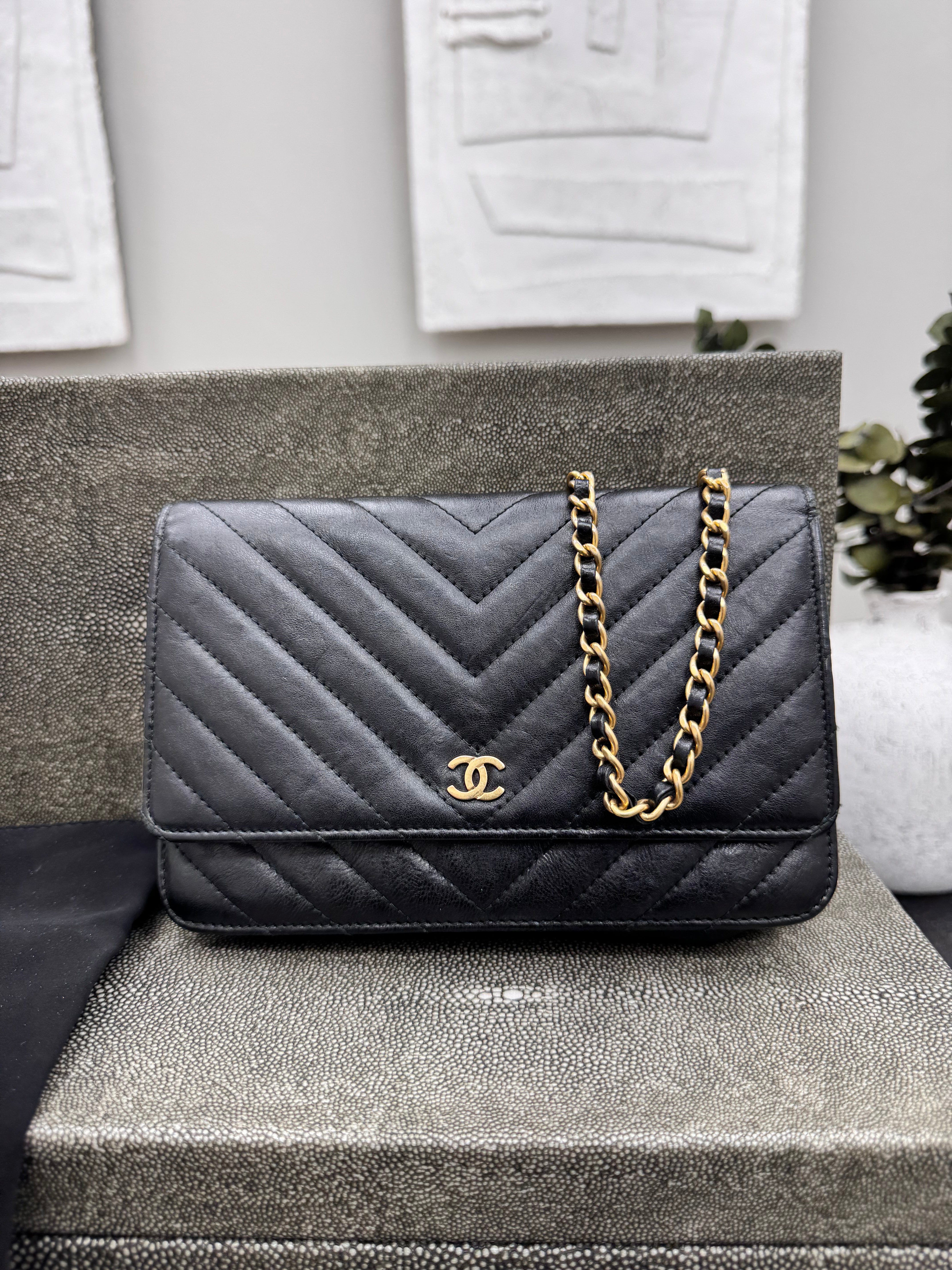 Chanel Black Chevron Quilted Wallet On A Chain
