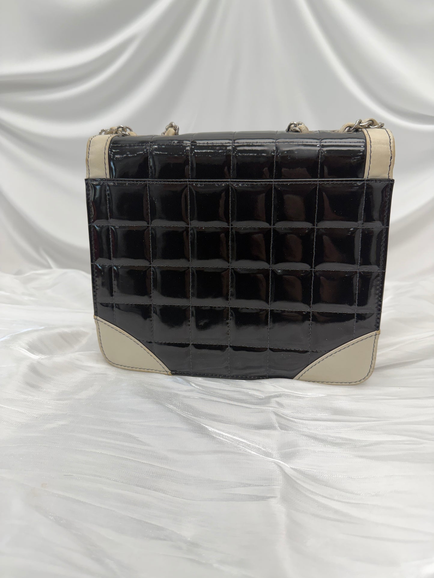 Chanel White & Black Patent Leather Chocolate Bar Square Bag