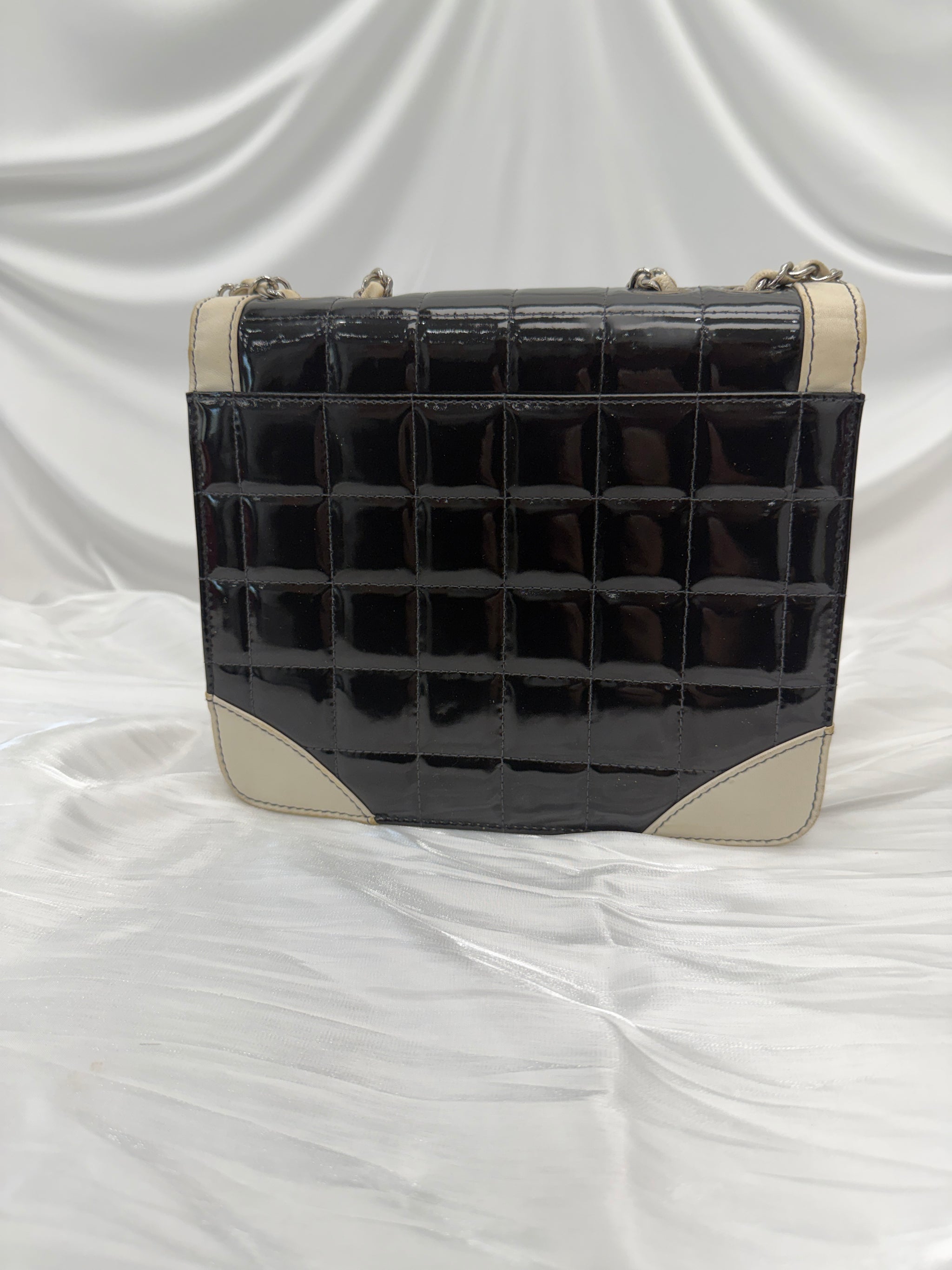 Chanel White & Black Patent Leather Chocolate Bar Square Bag