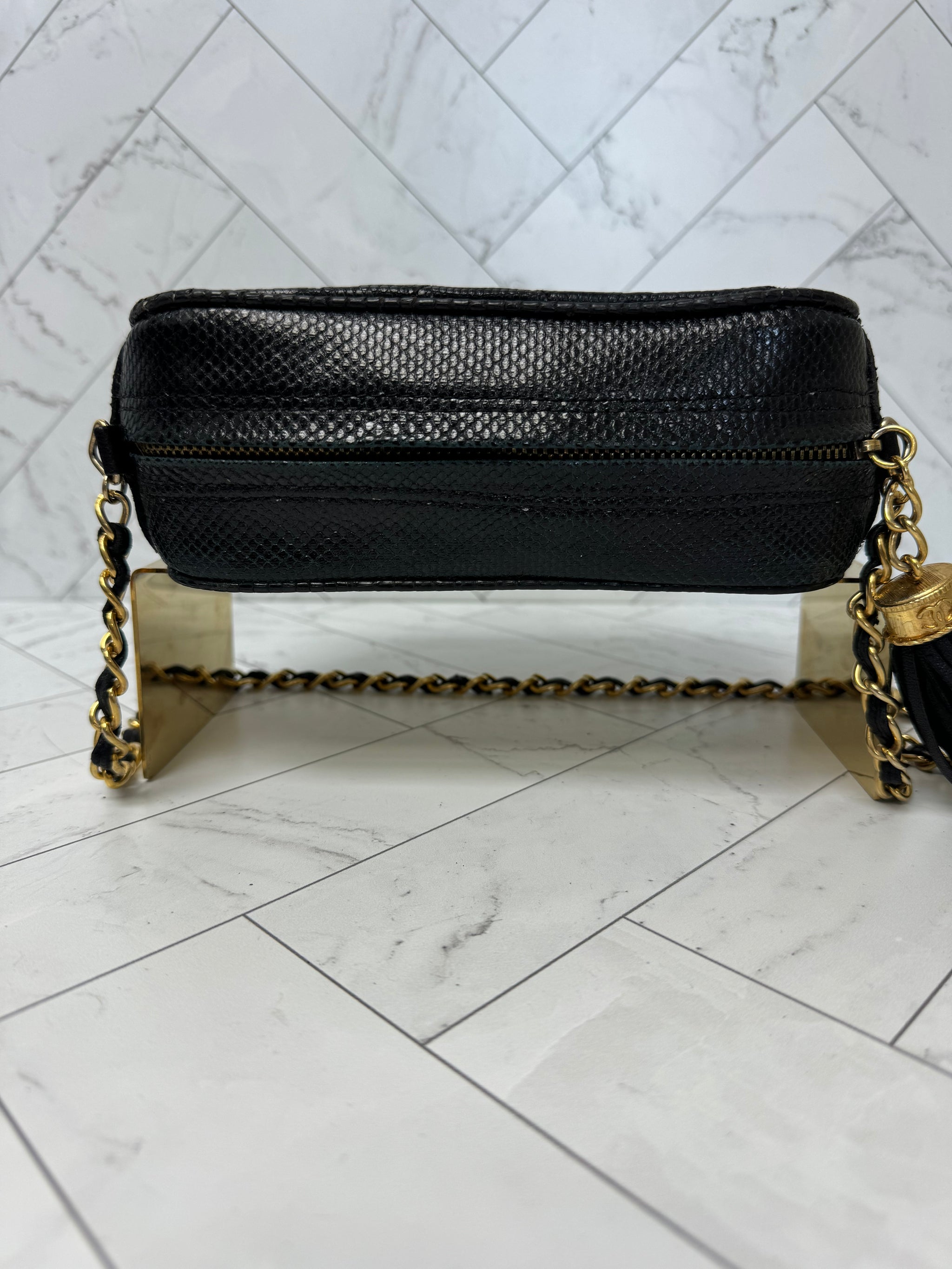 Chanel Black Lizard Camera Crossbody Bag