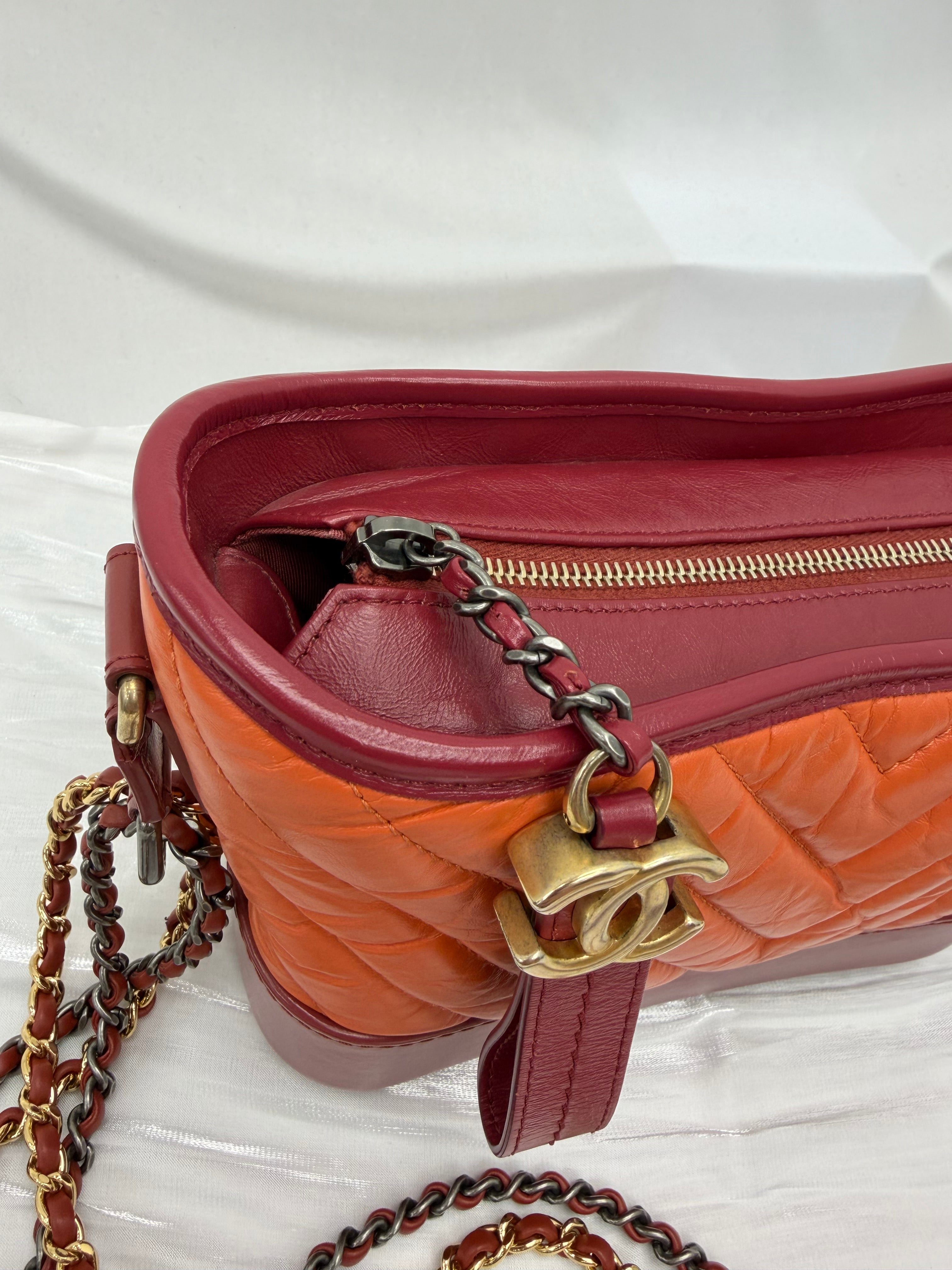Chanel Orange Bicolor Aged Quilted Calfskin Small Gabrielle Hobo Bag