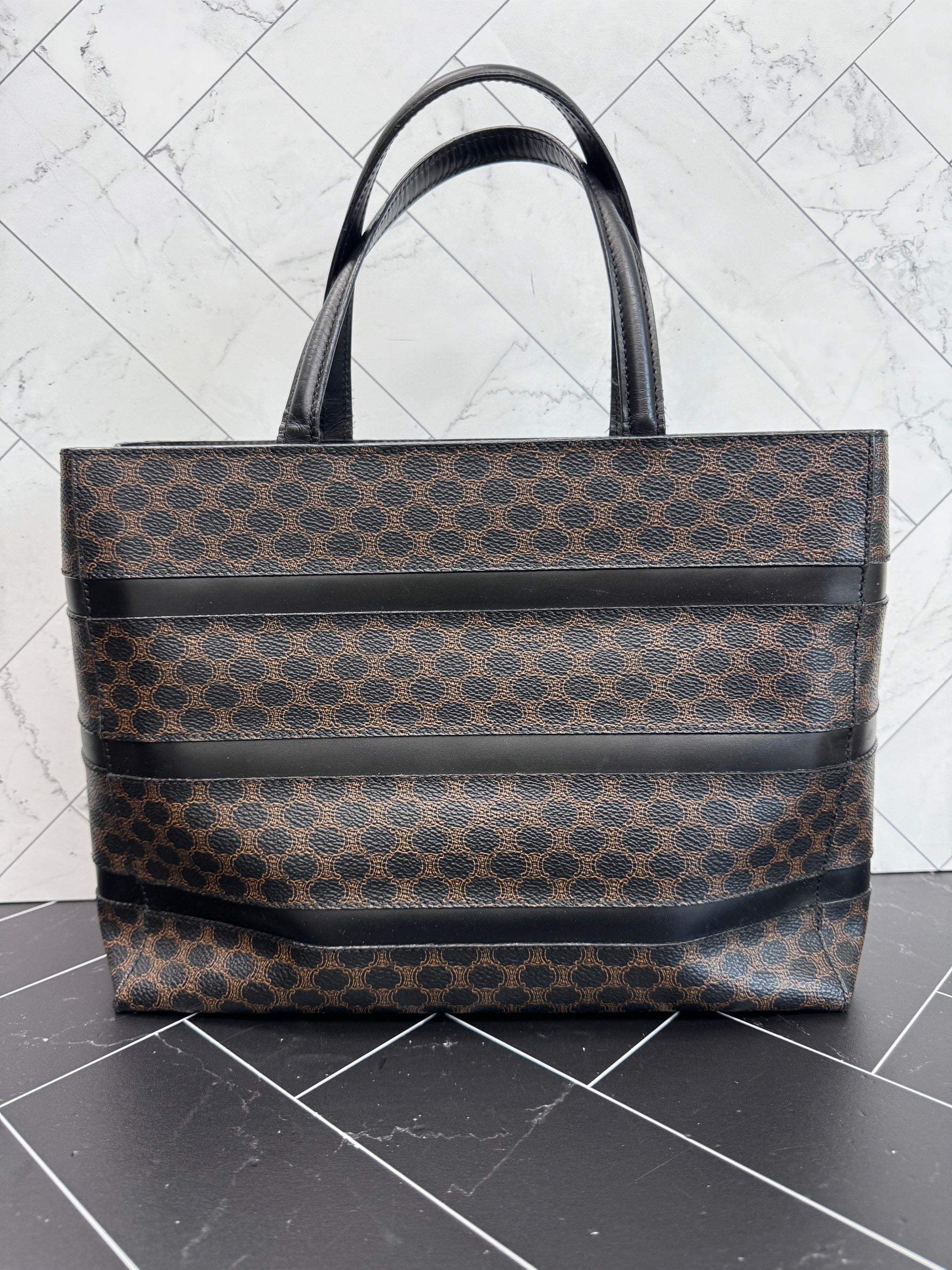 Celine Black and Brown Honeycomb Coated Canvas Tote Bag