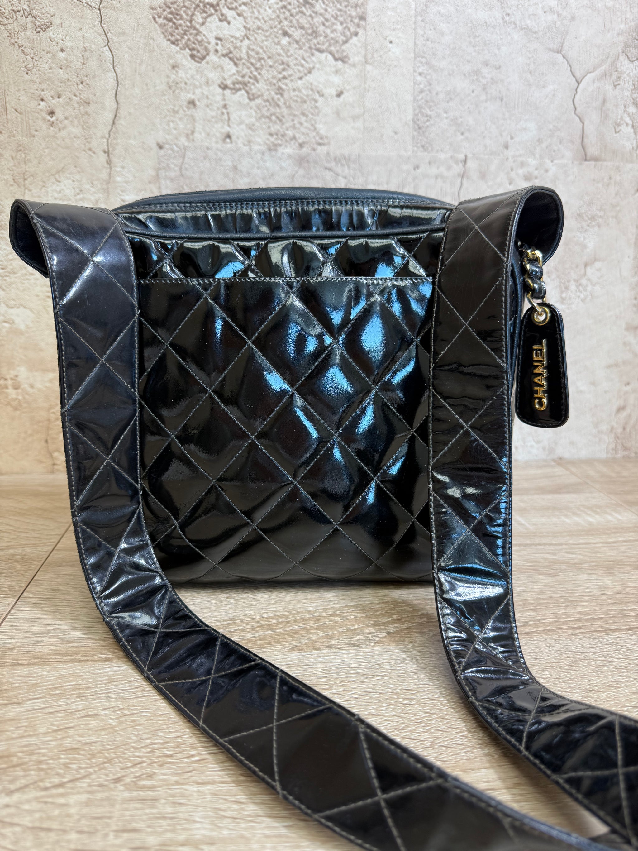 Chanel Black Patent Leather Quilted Crossbody Bag