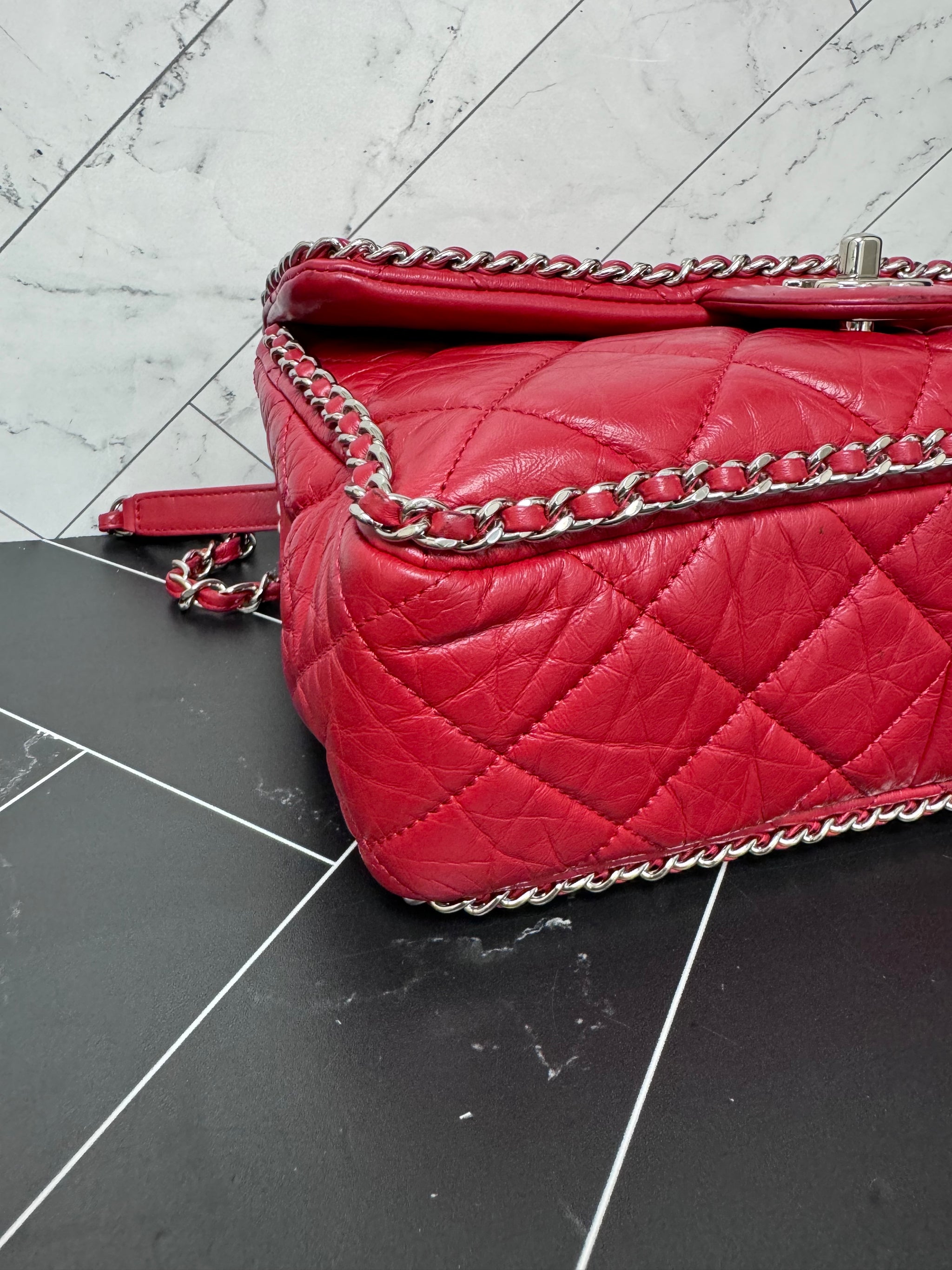 Chanel Red Crinkle Leather Running Chain Medium Single Flap